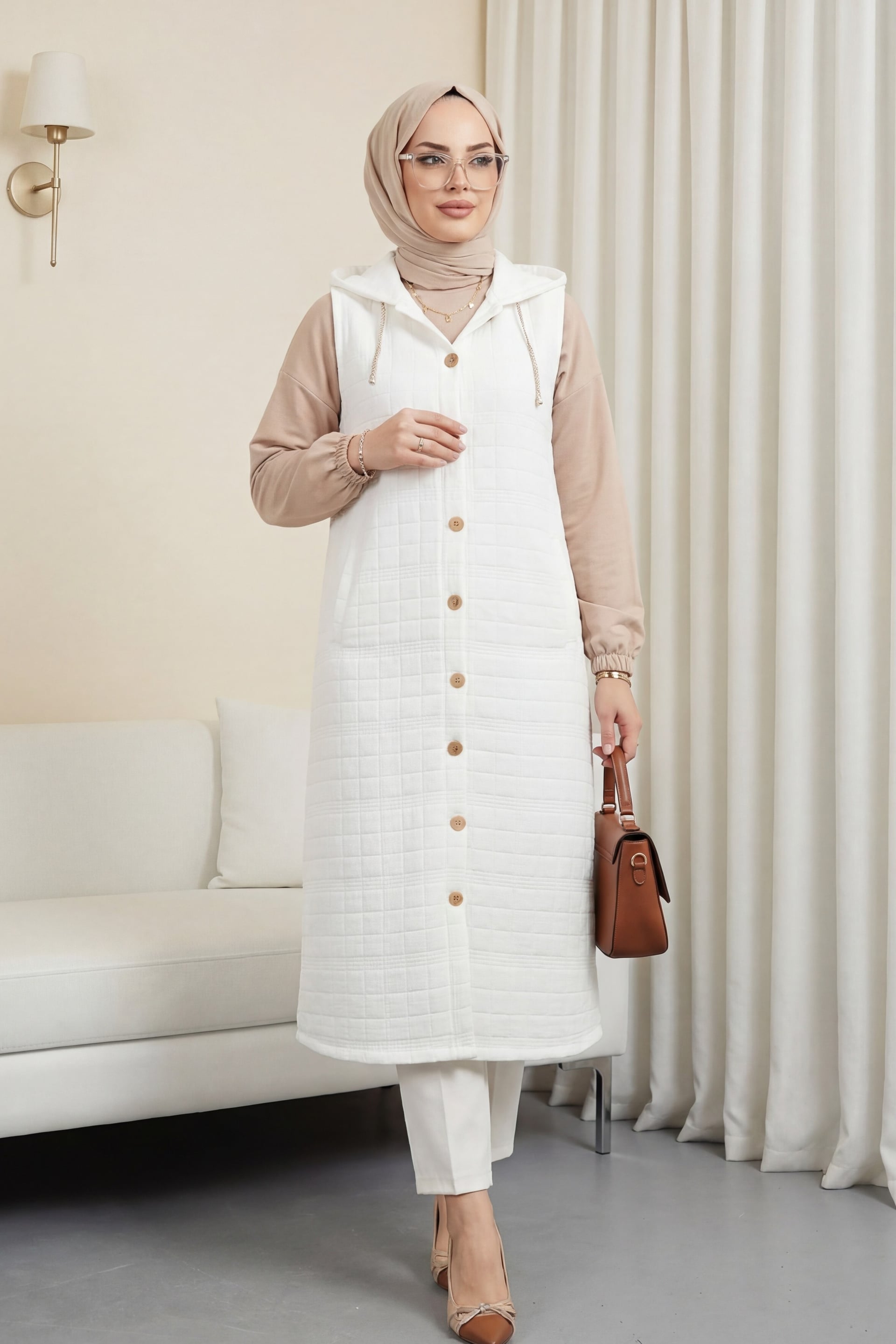White Quilted Hooded Vest with Button Front and Chain Detail - Podyumplus - by Peralane