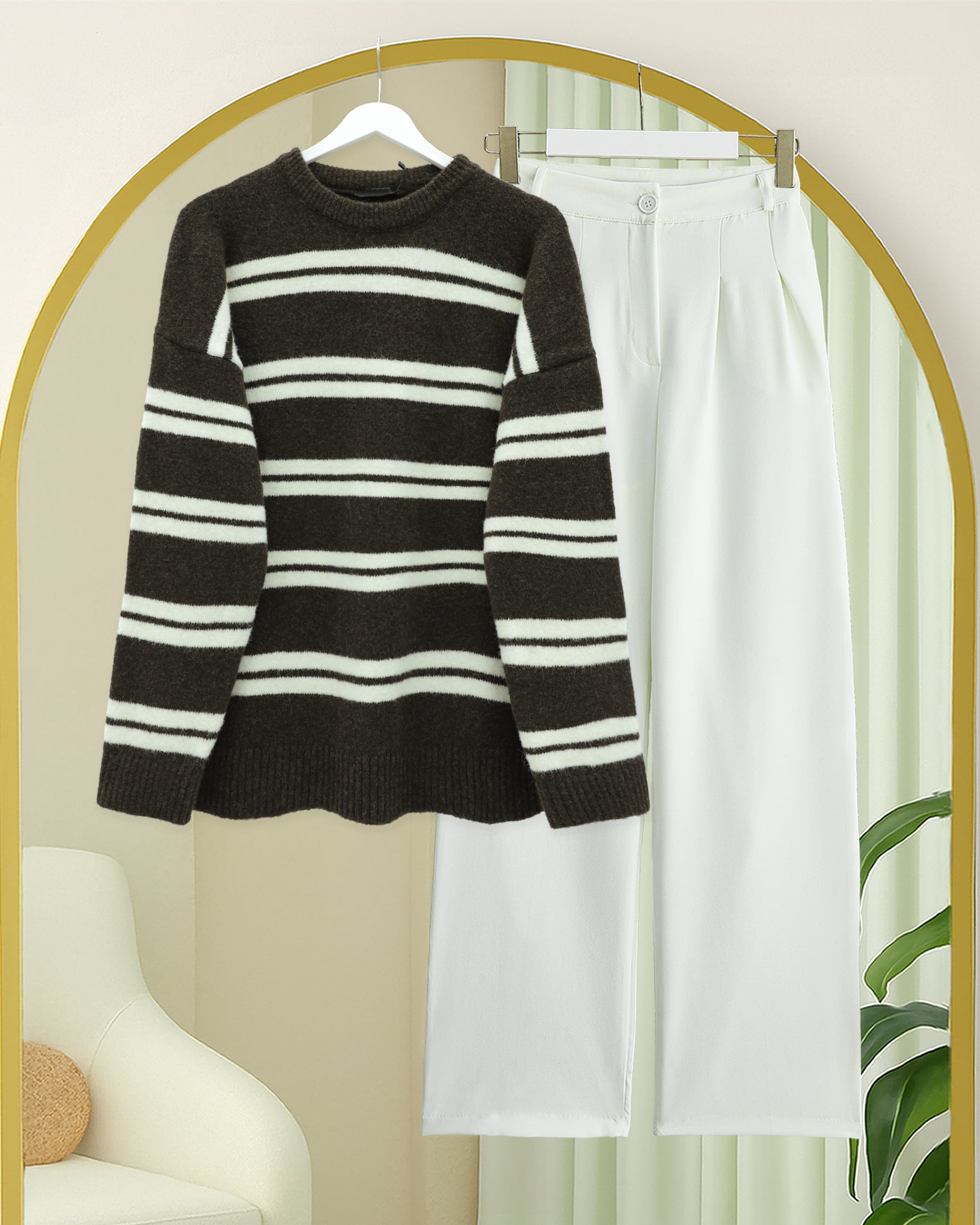 Round Neck Striped Soft Knit Sweater - Dark Brown - Podyumplus - by Peralane - photo 3