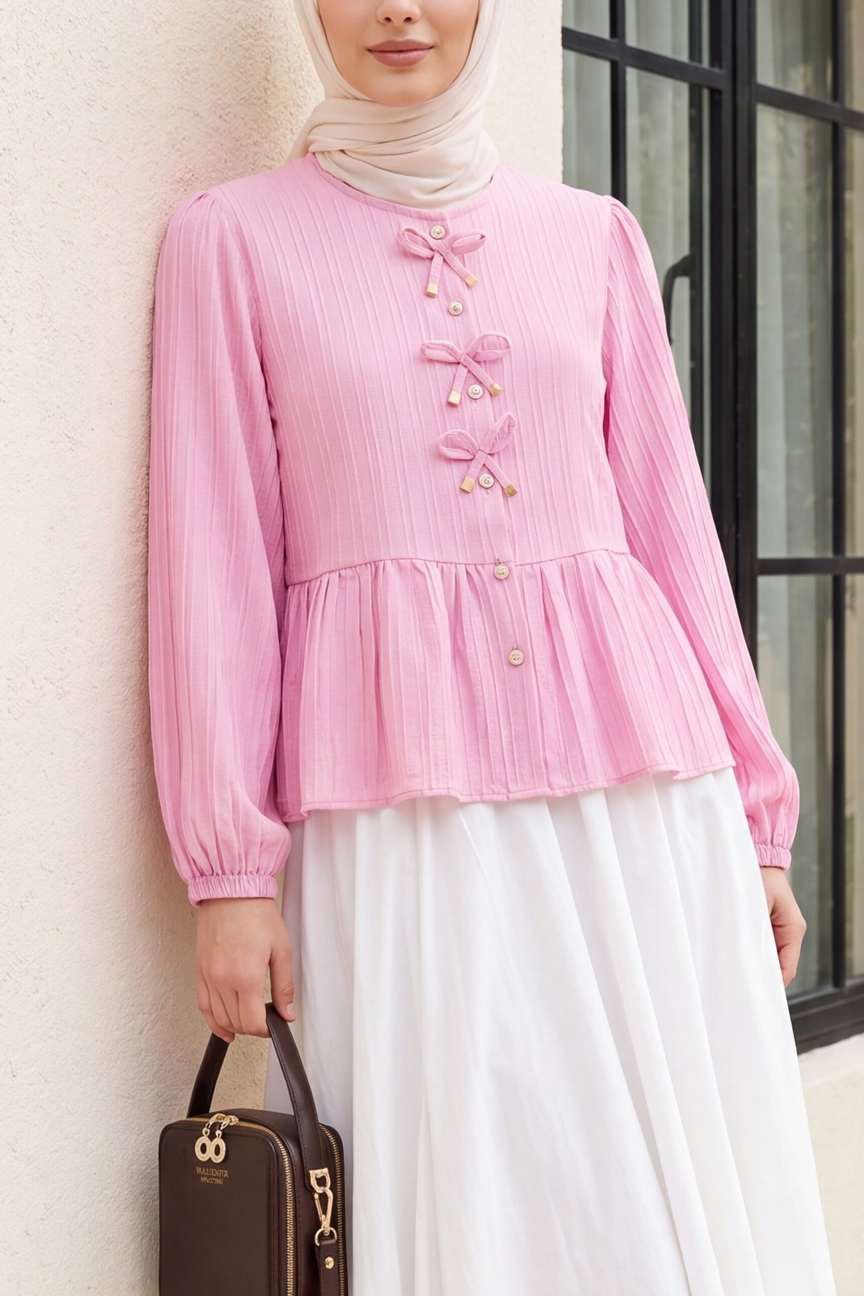 Pink Peplum Blouse with Bow Details and Long Sleeves - Podyumplus - by Peralane - photo 4