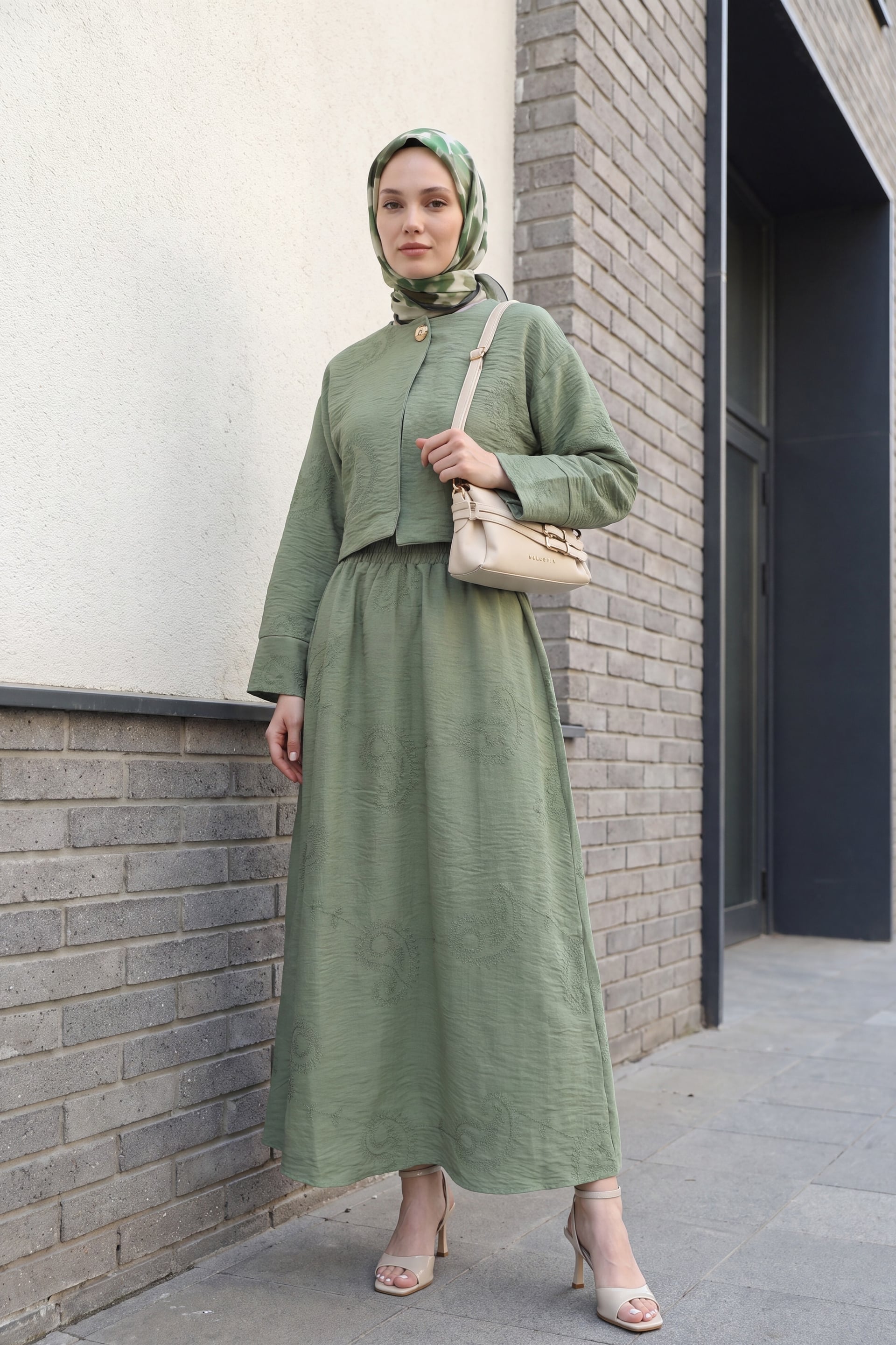 Single Button Embroidered Skirt Set with Linen Look - Khaki - Podyumplus - by Peralane - photo 3