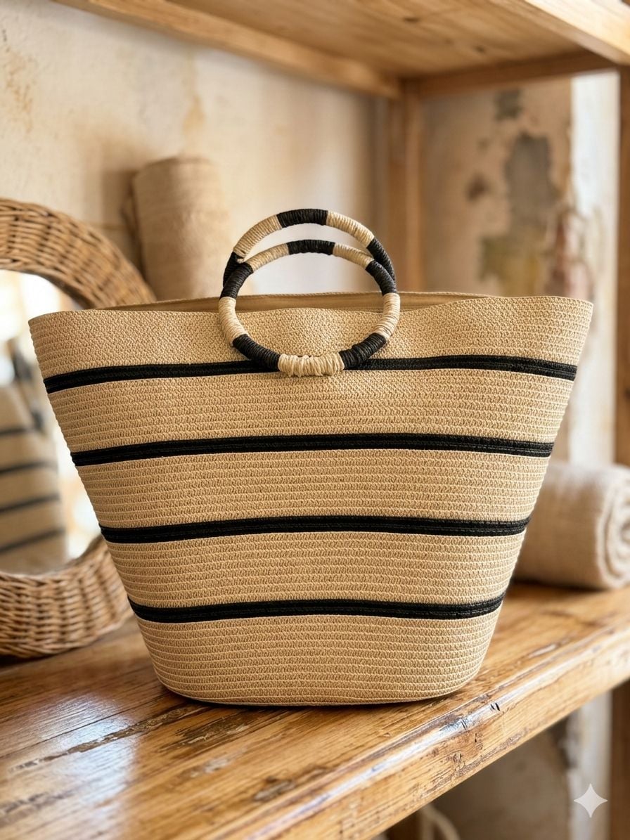 Ekru Black Striped Straw Tote Bag - Nesvay - by Peralane