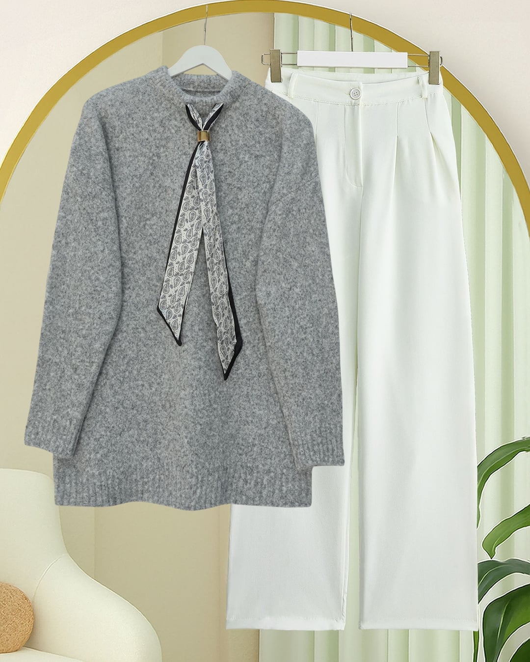 Soft-touch Knit Sweater with Scarf Detail - Light Grey - Podyumplus - by Peralane