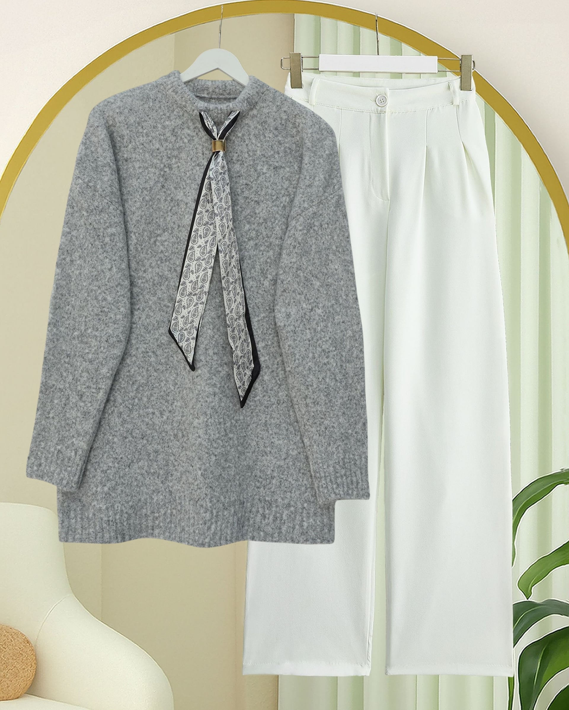 Soft-touch Knit Sweater with Scarf Detail - Light Grey - Podyumplus - by Peralane