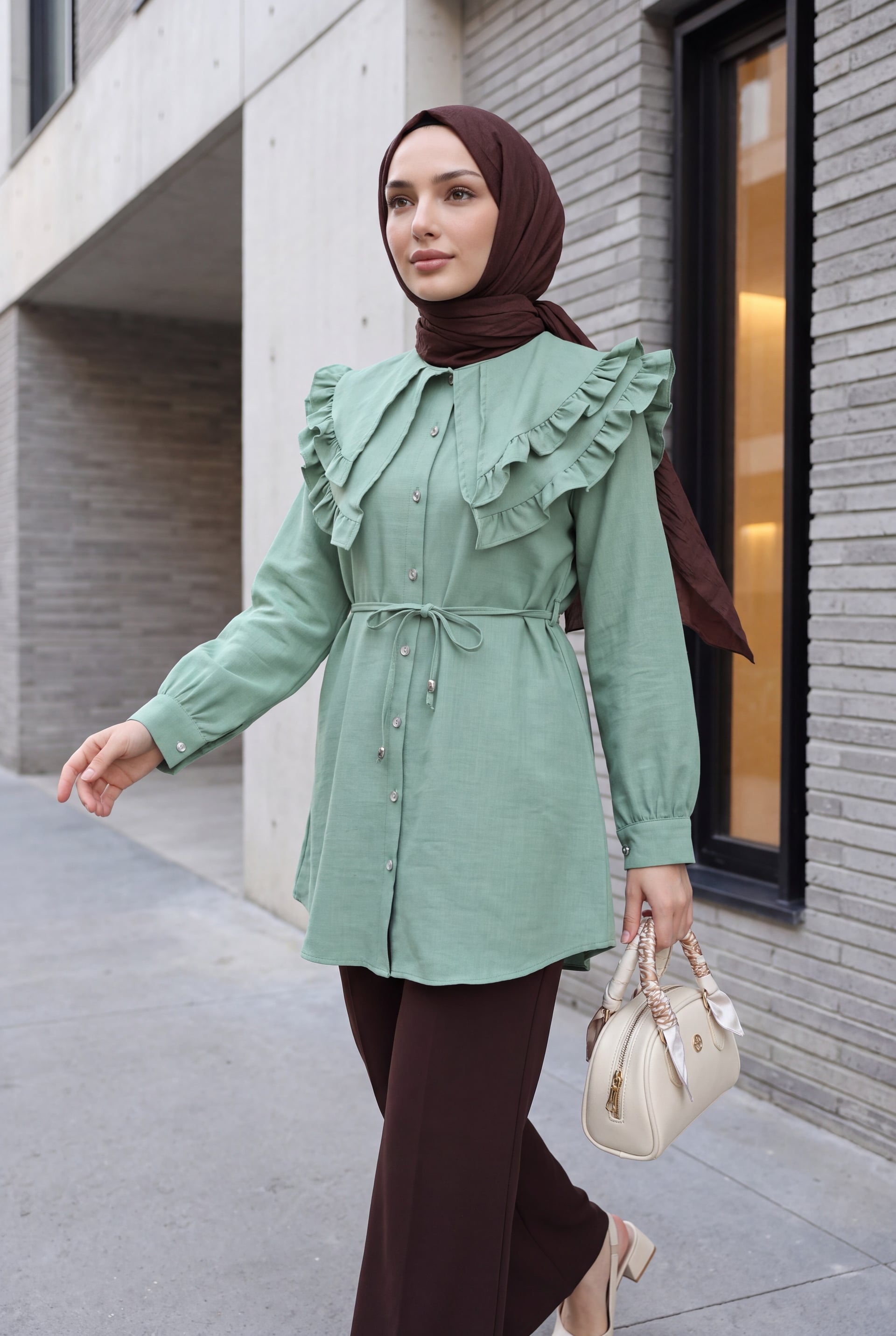 Mint Green Double-Layer Ruffled Collar Buttoned Tie-Waist Linen-Look Tunic - Podyumplus - by Peralane