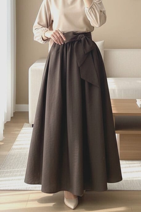 Pleated Belted Parachute Skirt - Dark Brown - Podyumplus - by Peralane
