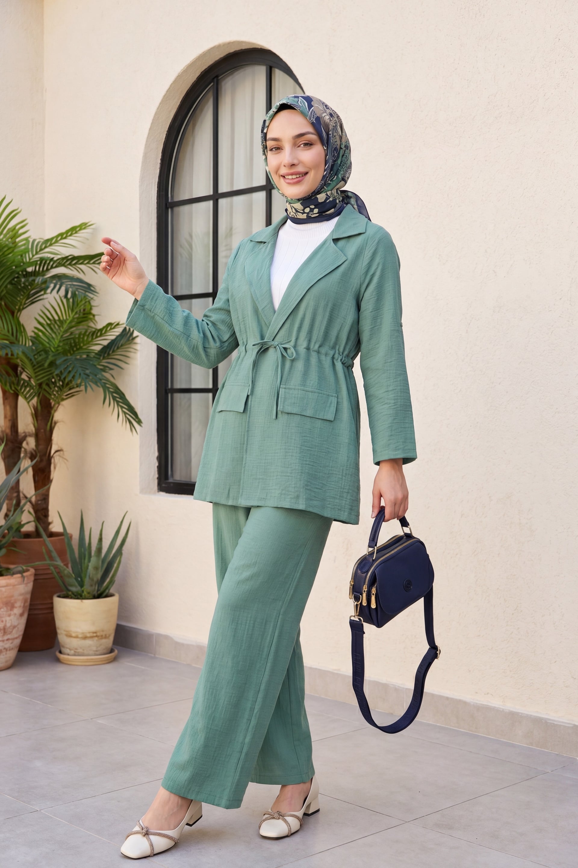 Linen Look Two-Piece Set with Jacket and Wide-Leg Trousers - Mint - Podyumplus - by Peralane