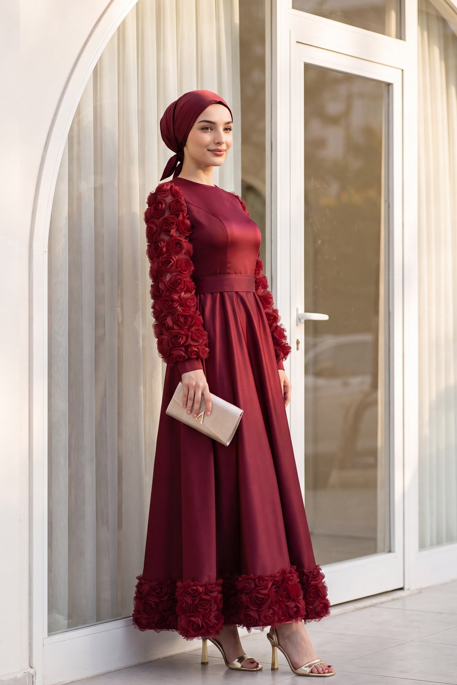 Rose Detail Satin Evening Dress - Burgundy - Podyumplus - by Peralane - photo 8