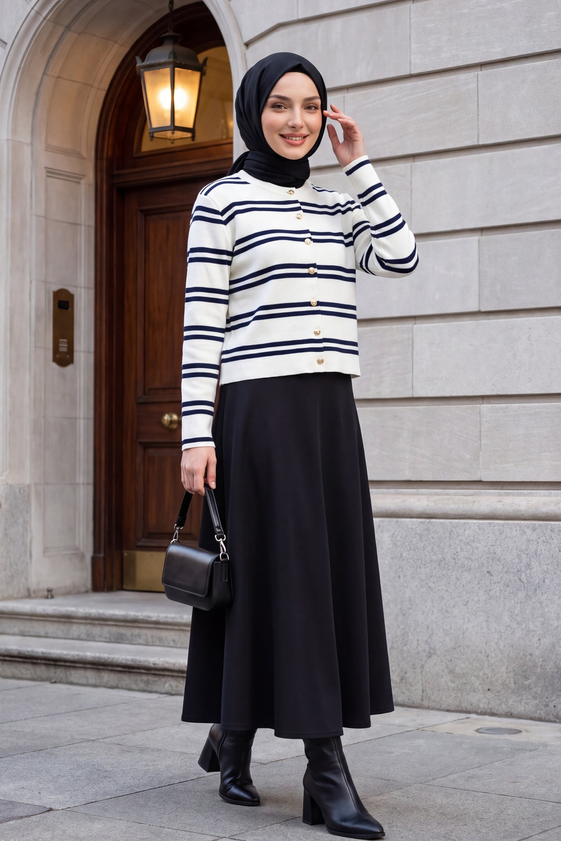 Striped Knit Cardigan with Shiny Buttons - White - Podyumplus - by Peralane - photo 3