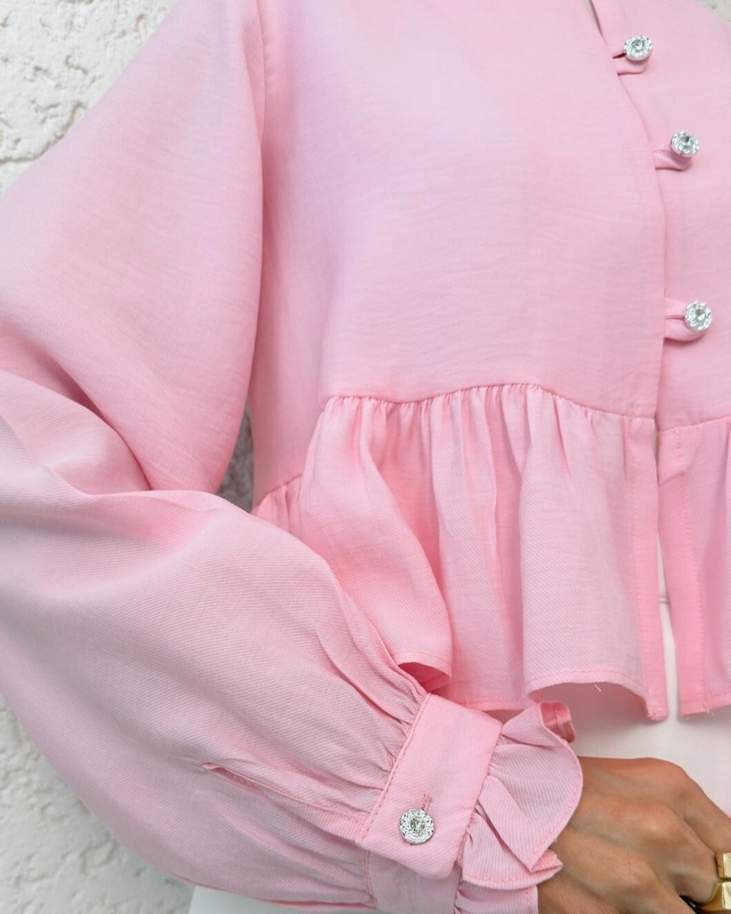 Pink Modal Blouse with Ruffled Peplum and Pearl Buttons - Podyumplus - by Peralane - photo 5