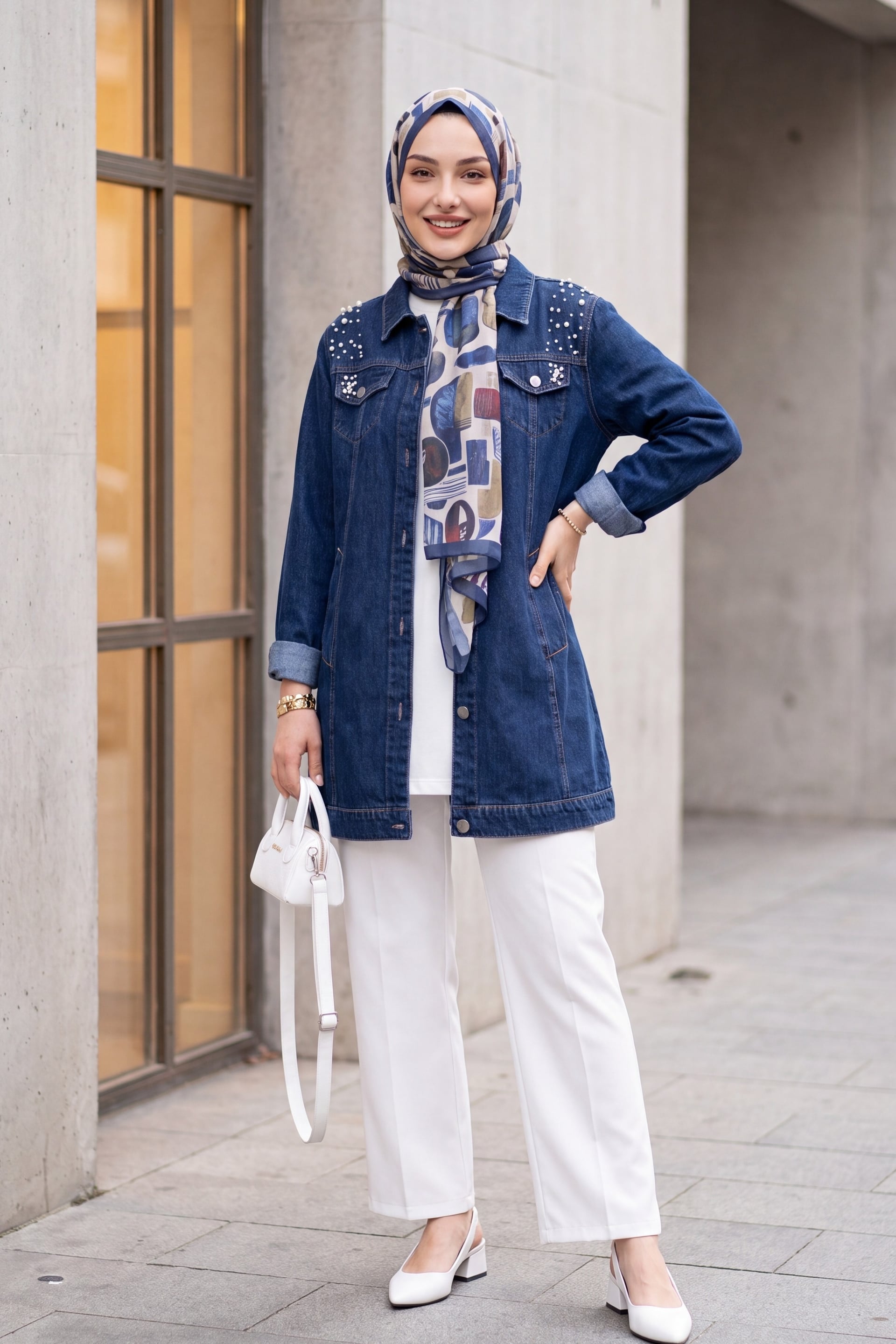 Stone Embellished Washed Denim Jacket - Dark Blue - Podyumplus - by Peralane - photo 3