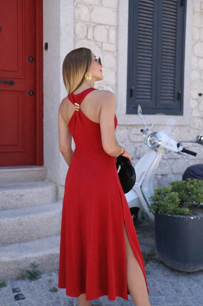 Women's Sleeveless Red Midi Dress with High Neckline and Flared Skirt - Janes - by Peralane - photo 2