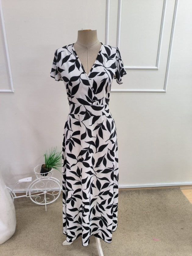 Women's Short Sleeve Wrap Collar Patterned Long Suprem Dress - Janes - by Peralane - photo 5