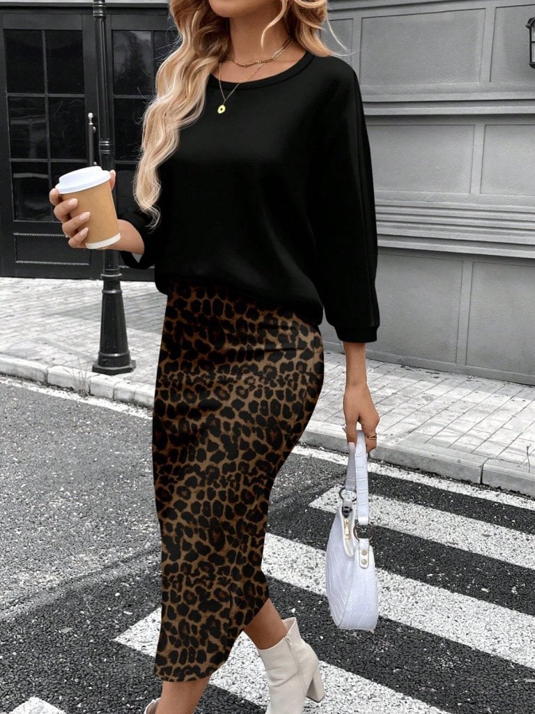 Women's Long-Sleeve Crew Neck Modal Blouse and Leopard Print Skirt Two-Piece Set - Janes - by Peralane - photo 6