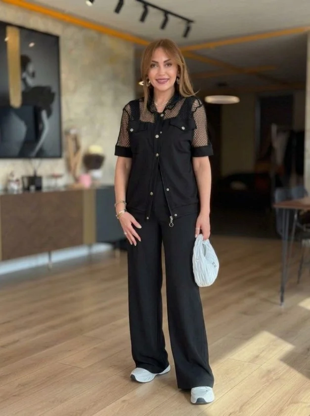 Women's Short Sleeve Collared Button Front Mesh Detail Modal Jacket and Wide Leg Trousers Set in Black - Janes - by Peralane - photo 2