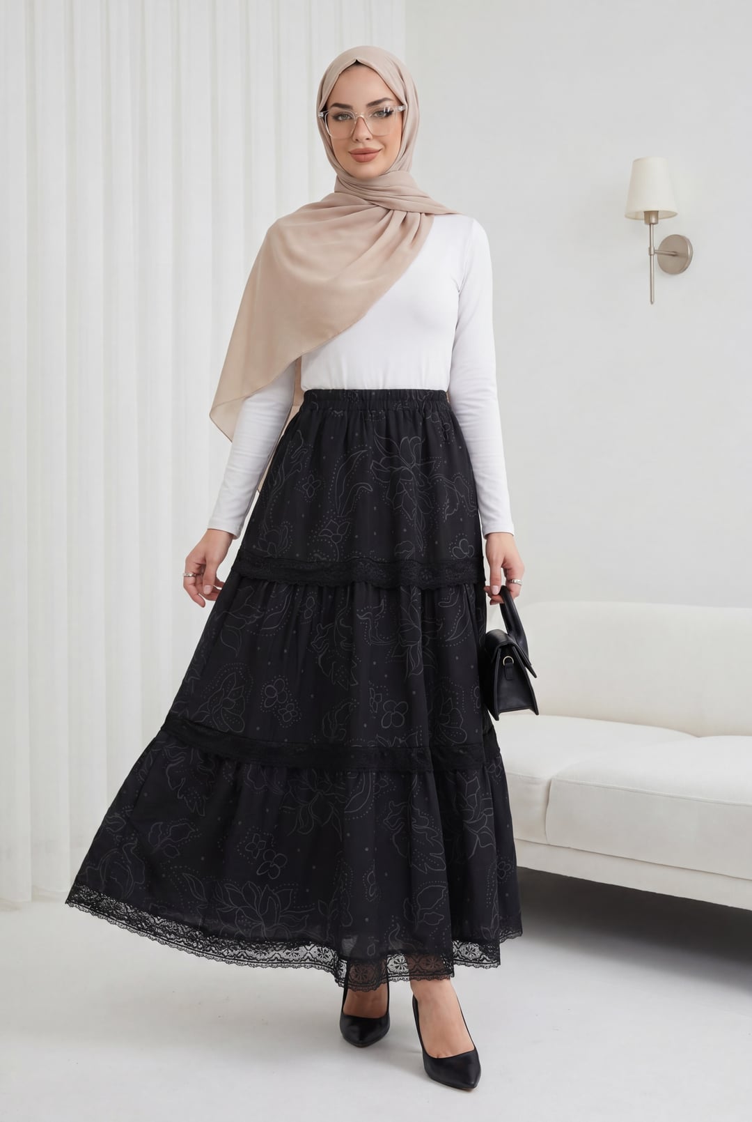 Black Lace Trim Tiered Maxi Skirt - Podyumplus - by Peralane - photo 3