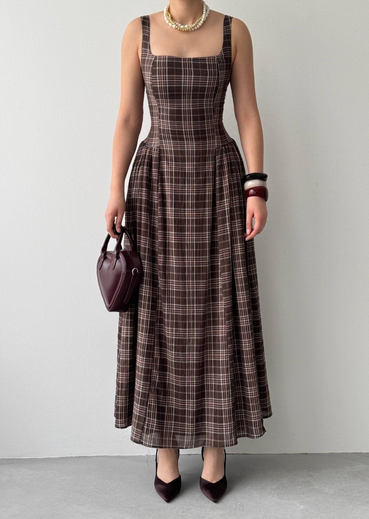 Bess Midi Plaid Dress in Brown - Etika - by Peralane - photo 2