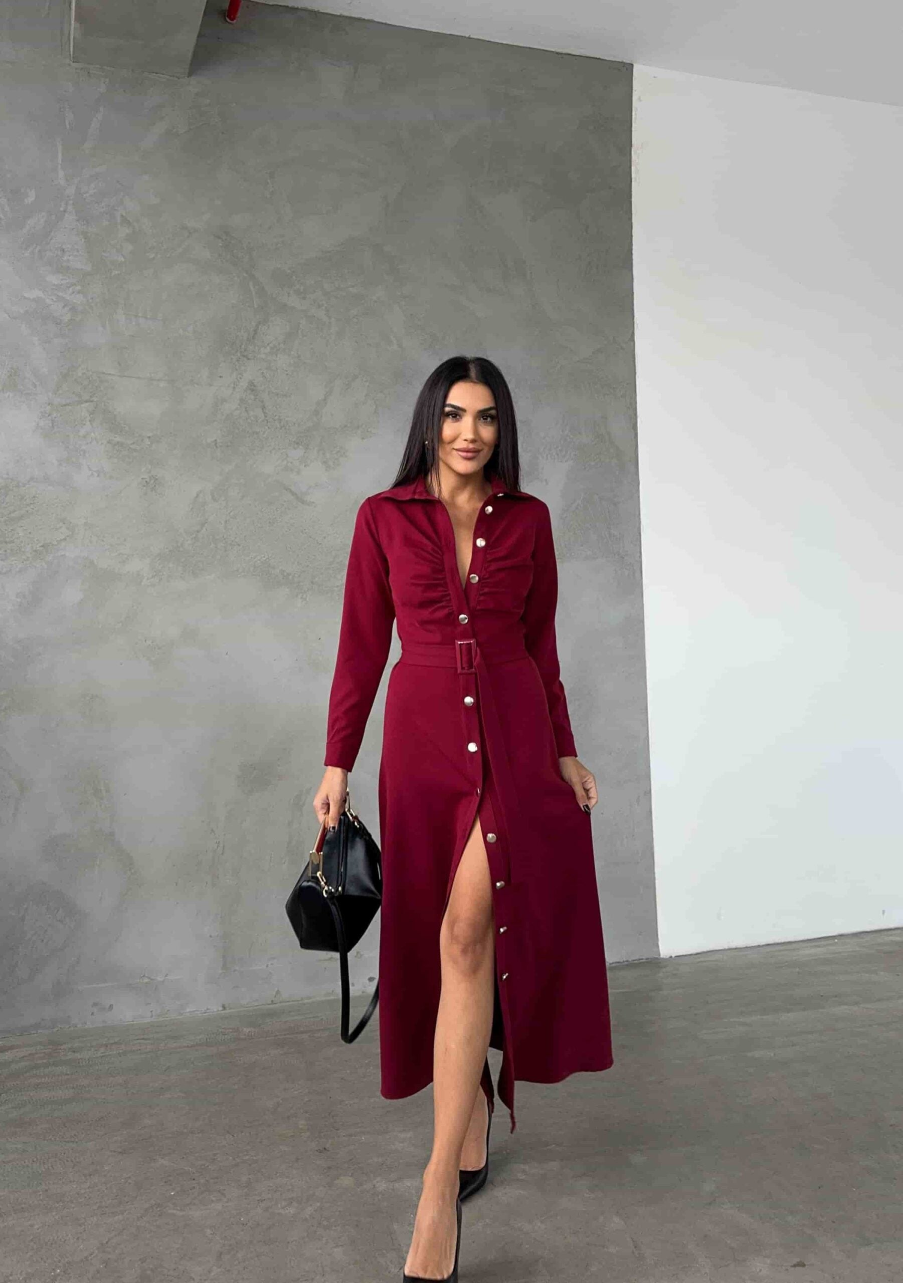 Bordo Cotton Shirt Dress with Belt for Women - My Bee - by Peralane - photo 4