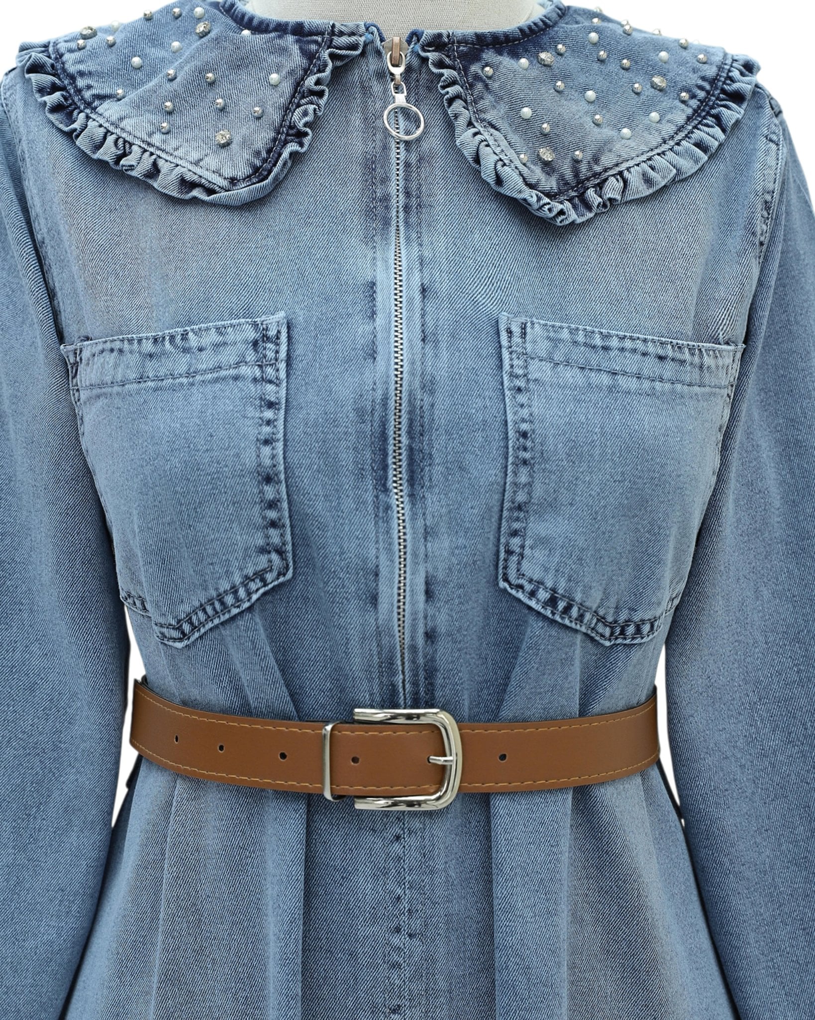 Bebe Collar Half Zip Pearl Detail Belted Denim Dress - Ice Blue - Podyumplus - by Peralane - photo 7