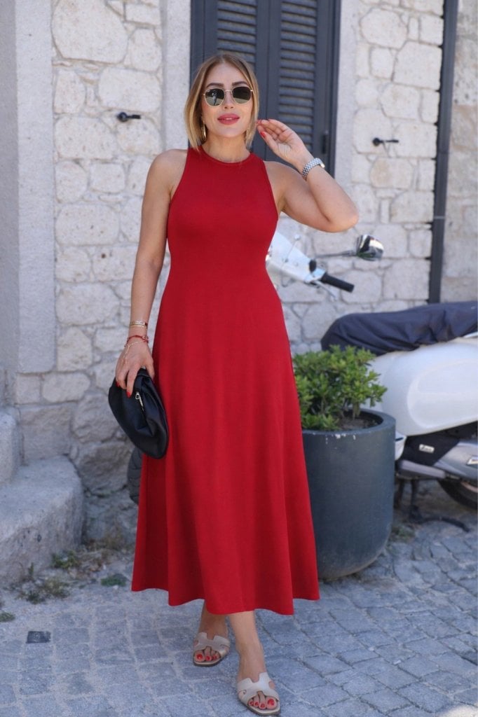Women's Sleeveless Red Midi Dress with High Neckline and Flared Skirt - Janes - by Peralane