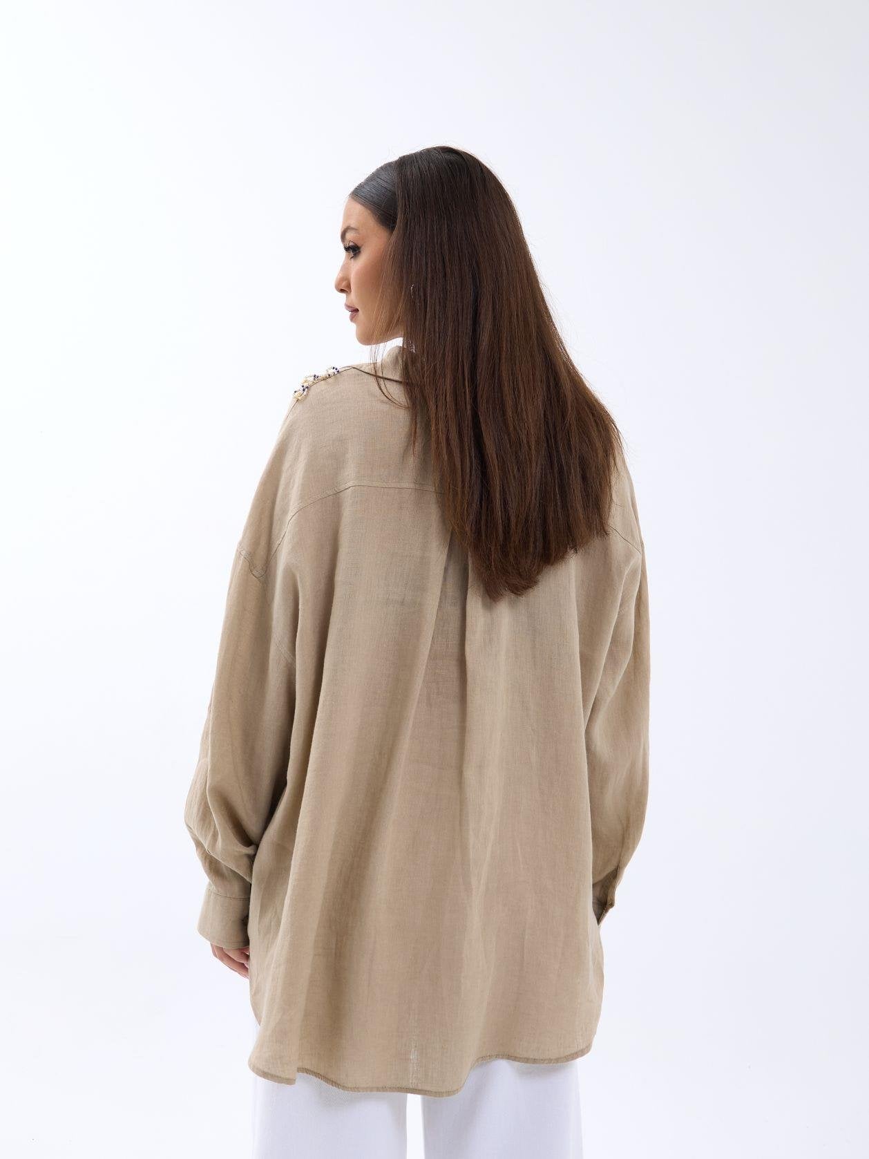 Beige Linen Blouse with Buttoned Cuffs - Fame - by Peralane - photo 2