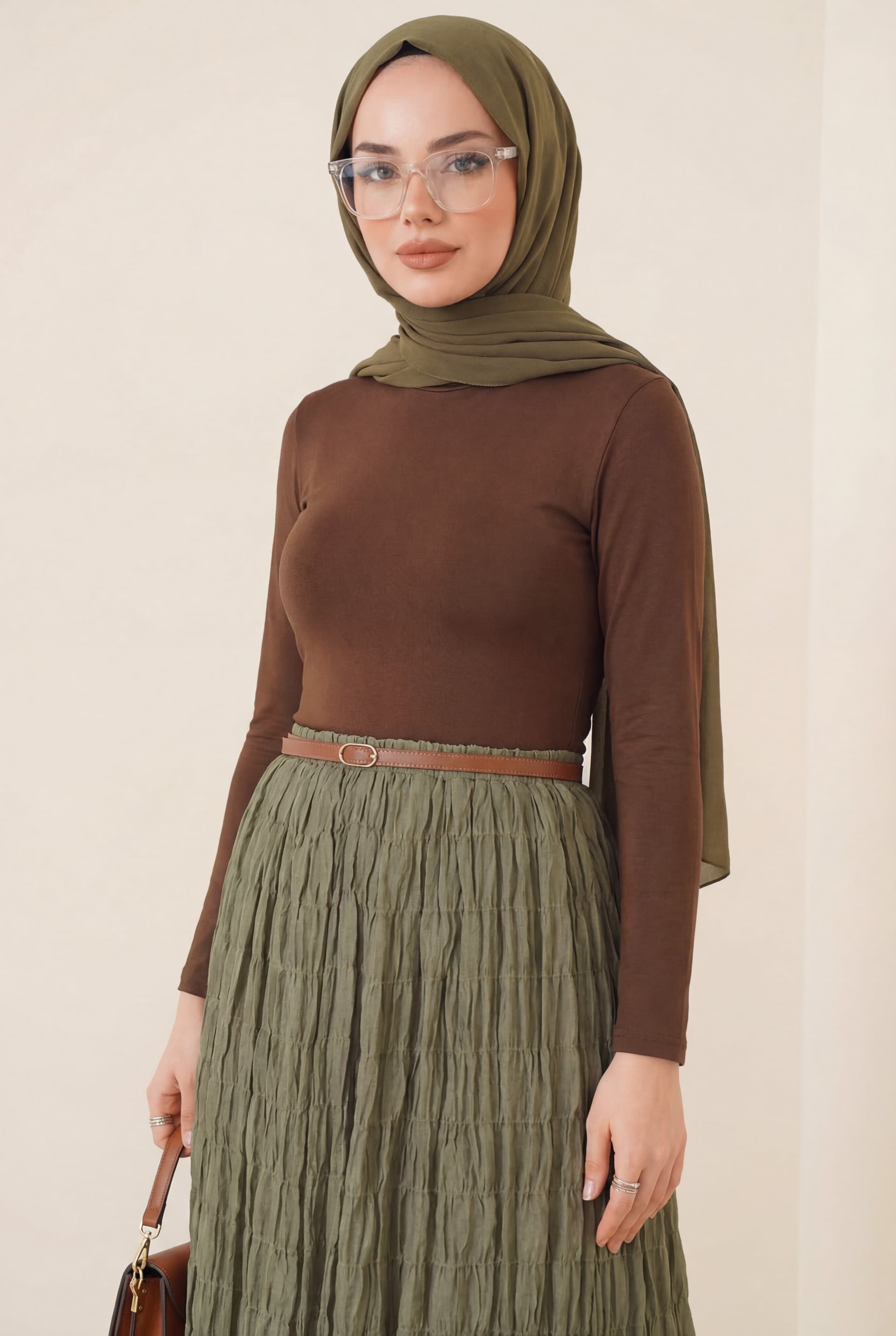 Lined Ruched Waist Modal Skirt - Olive Green - Podyumplus - by Peralane - photo 2