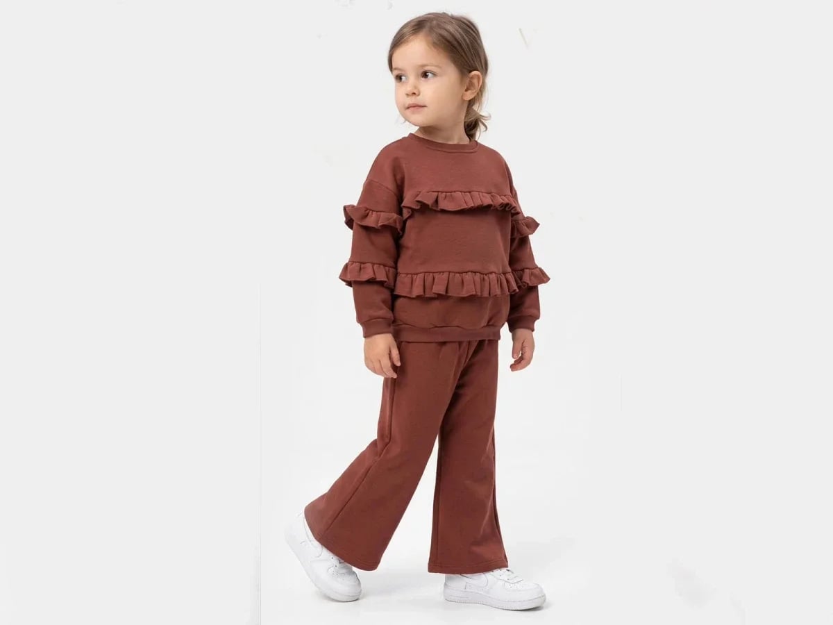 Girls' Two-Piece Set with Ruffled Sweatshirt and Trousers - Brown - Vovido - by Peralane