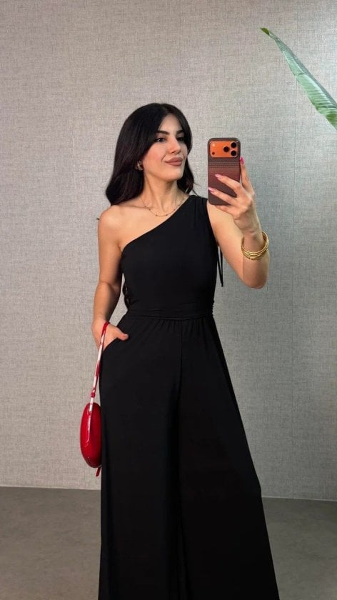 Women's One-Shoulder Wide-Leg Jumpsuit with Tie Waist - Janes - by Peralane
