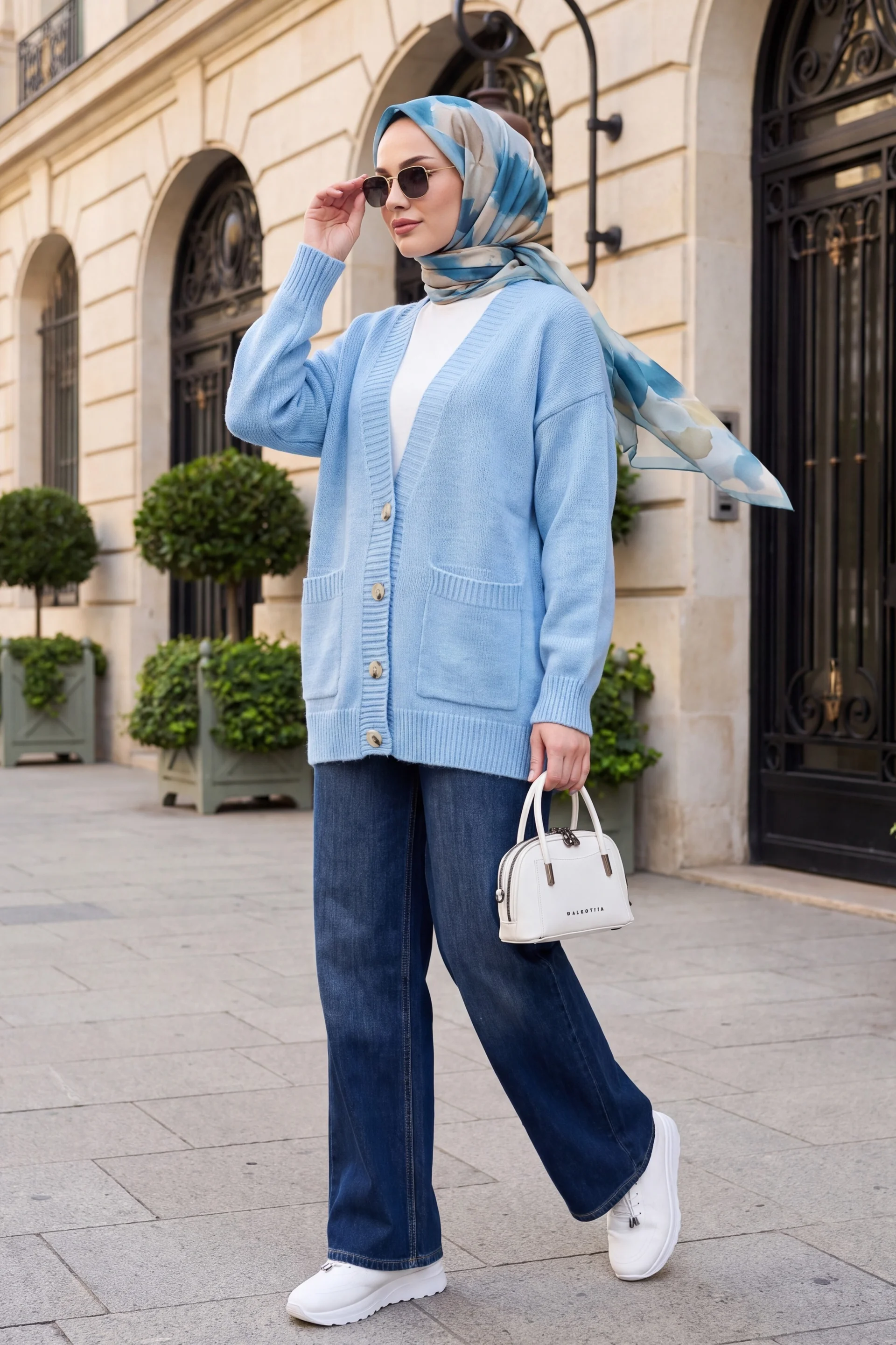 Buttoned Double-Pocket Relaxed Knit Cardigan - Baby Blue - Podyumplus - by Peralane - photo 3