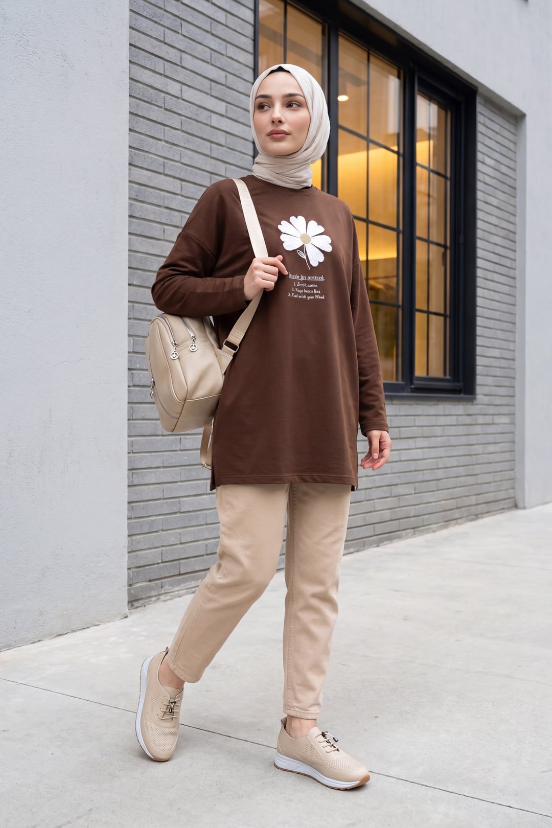 Women's Brown Floral Embroidered Crew Neck Jersey Tunic - Podyumplus - by Peralane - photo 2