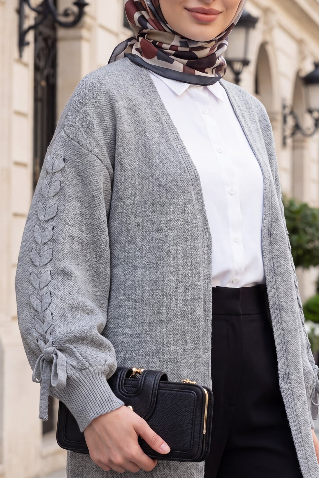 Grey Braided Sleeve Relaxed Knit Cardigan - Podyumplus - by Peralane - photo 2