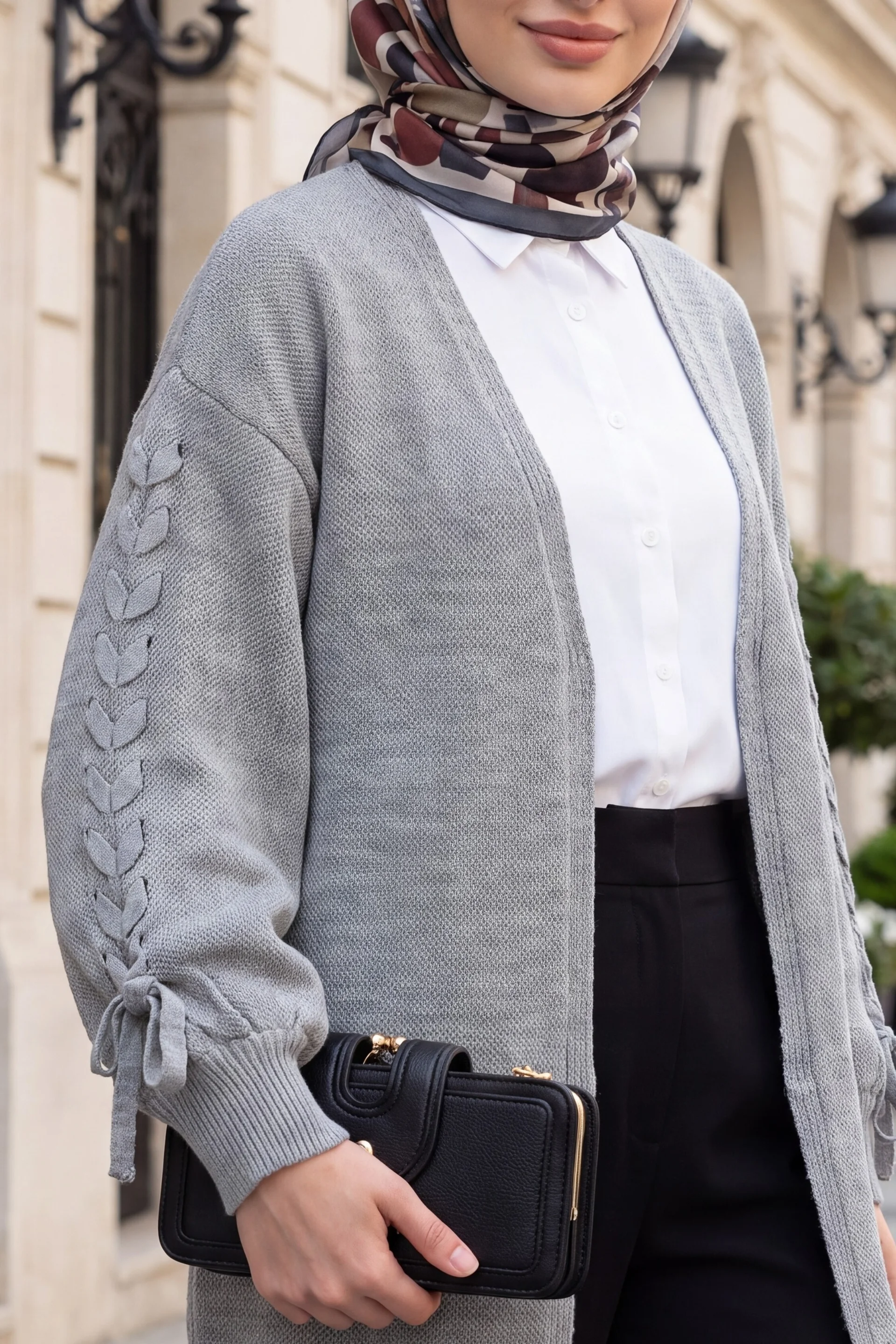Grey Braided Sleeve Relaxed Knit Cardigan - Podyumplus - by Peralane - photo 2