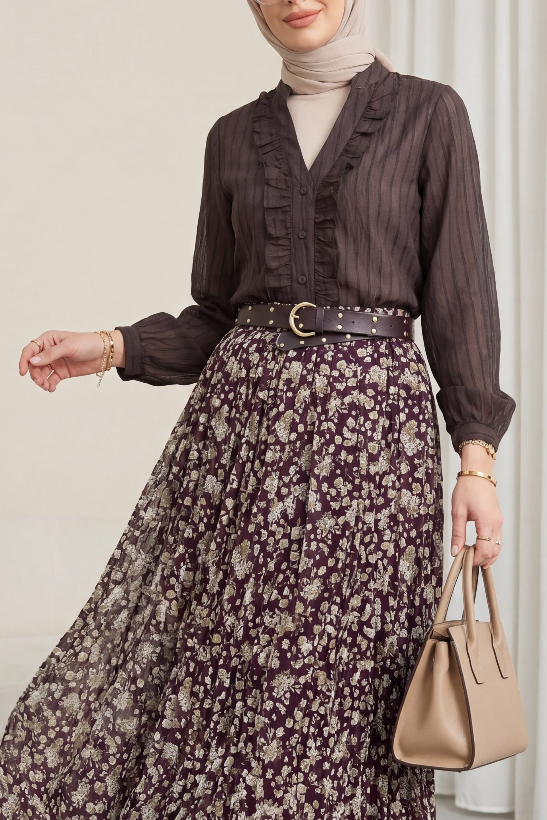 V-Neck Ruffled Sheer Bouquet Blouse - Dark Brown - Podyumplus - by Peralane