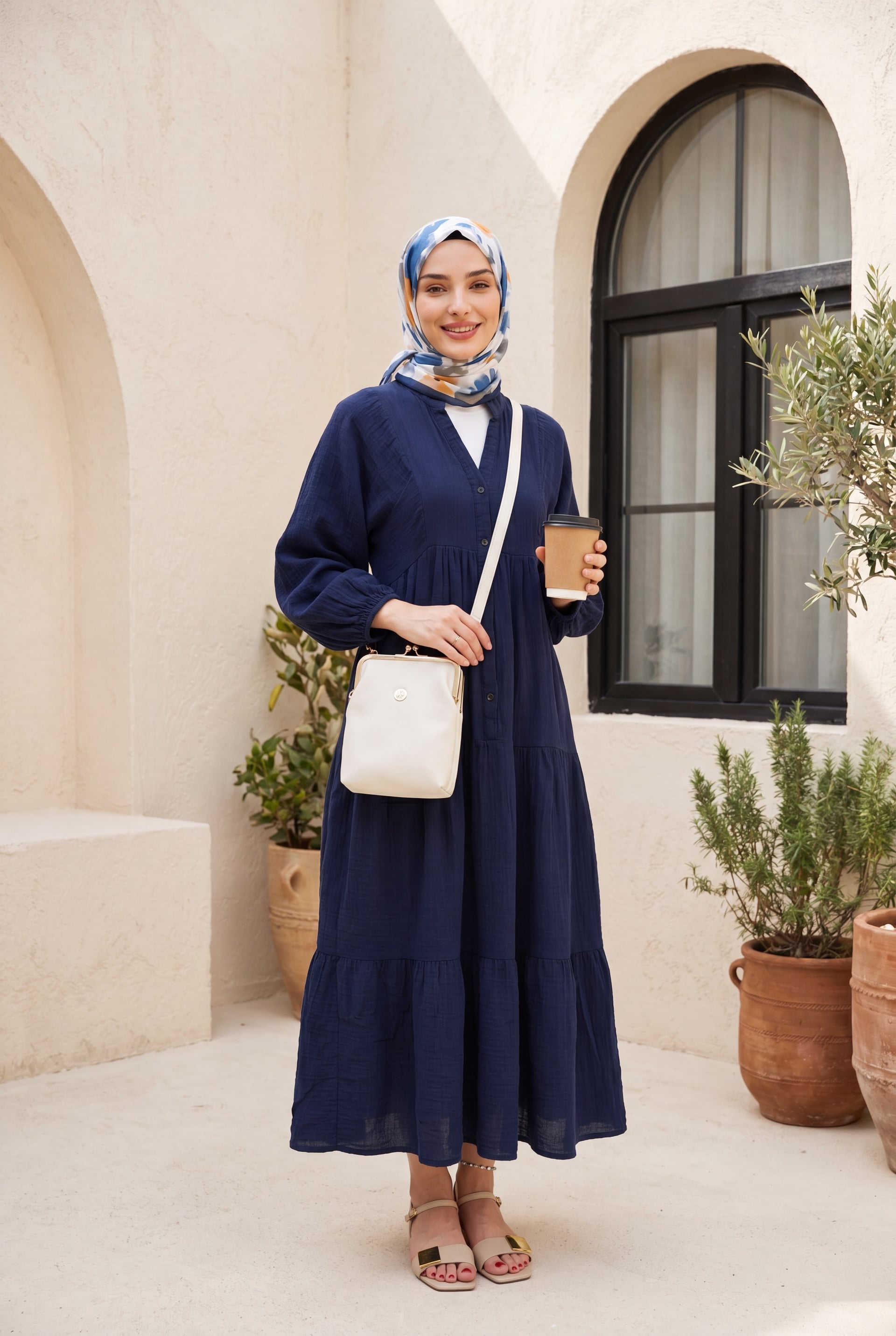 Navy Blue V-Neck Half Button Tiered Muslin Dress with Elastic Cuffs - Podyumplus - by Peralane - photo 3