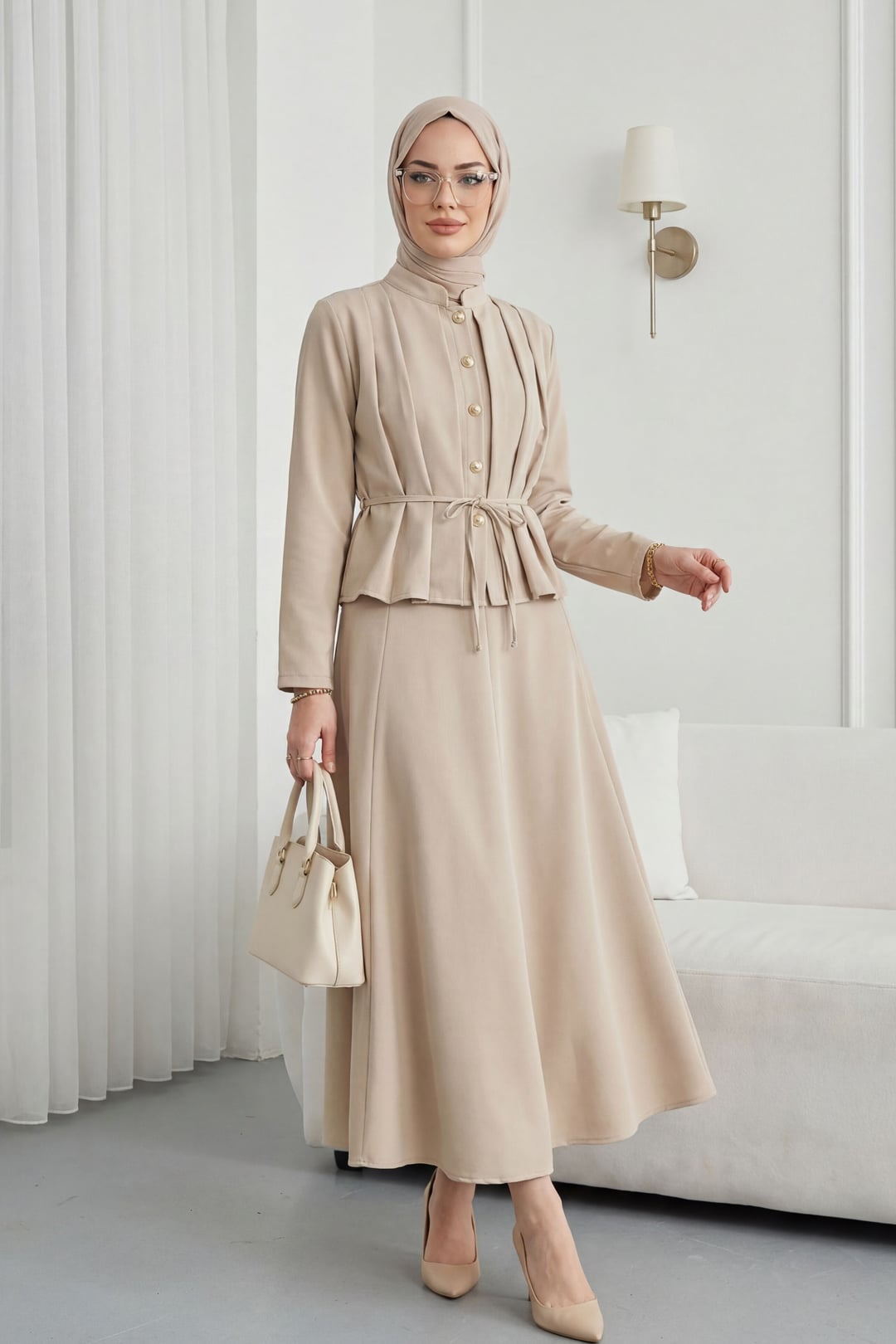 Beige Pleated Front Buttoned Tie-Belt Crepe Skirt Set - Podyumplus - by Peralane