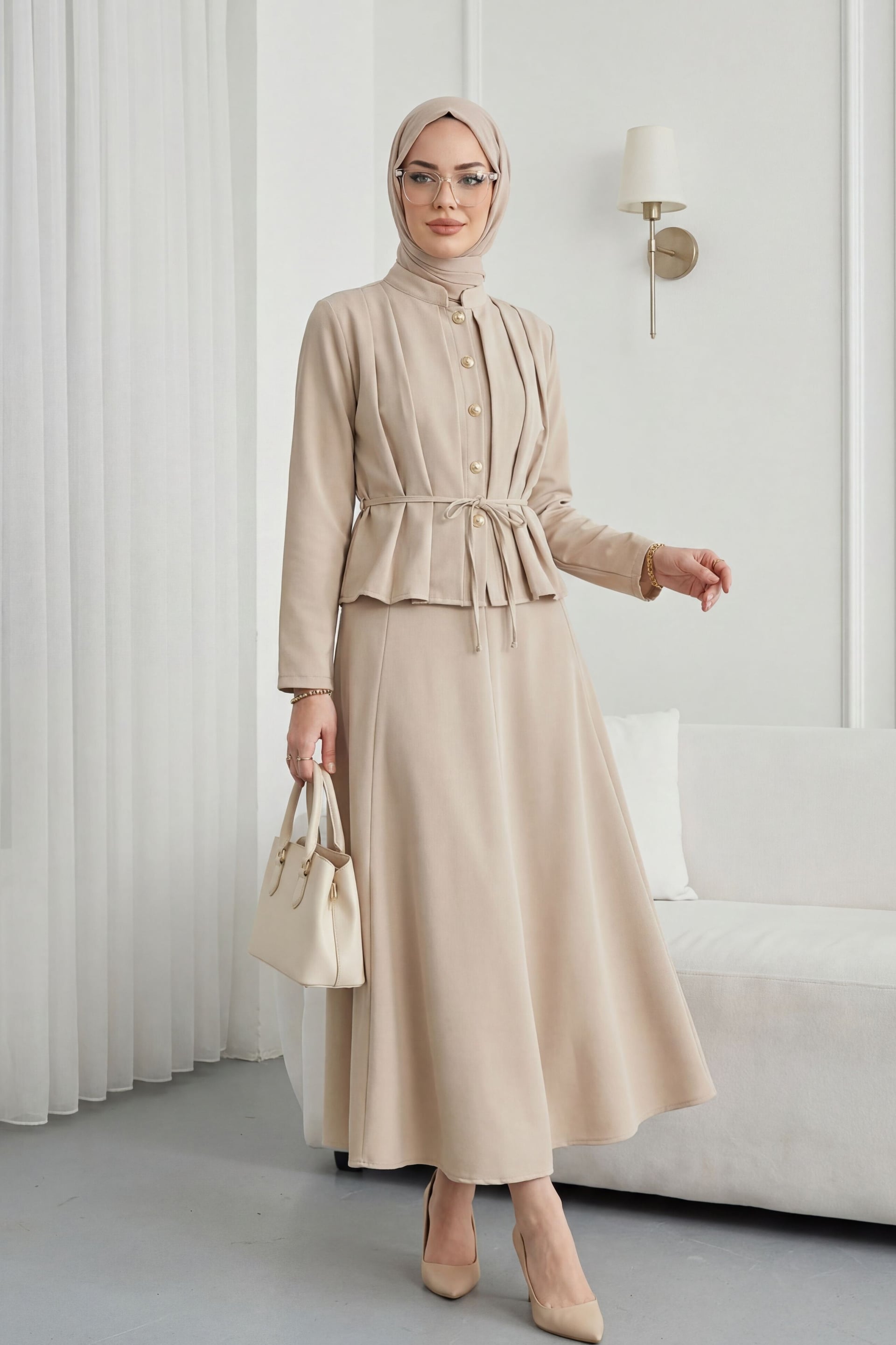Beige Pleated Front Buttoned Tie-Belt Crepe Skirt Set - Podyumplus - by Peralane
