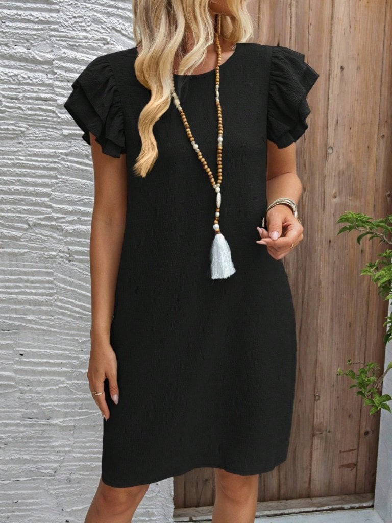 Women's Short-Sleeved Round Neck Ruffled Flutter Sleeve A-line Dress - Janes - by Peralane - photo 5