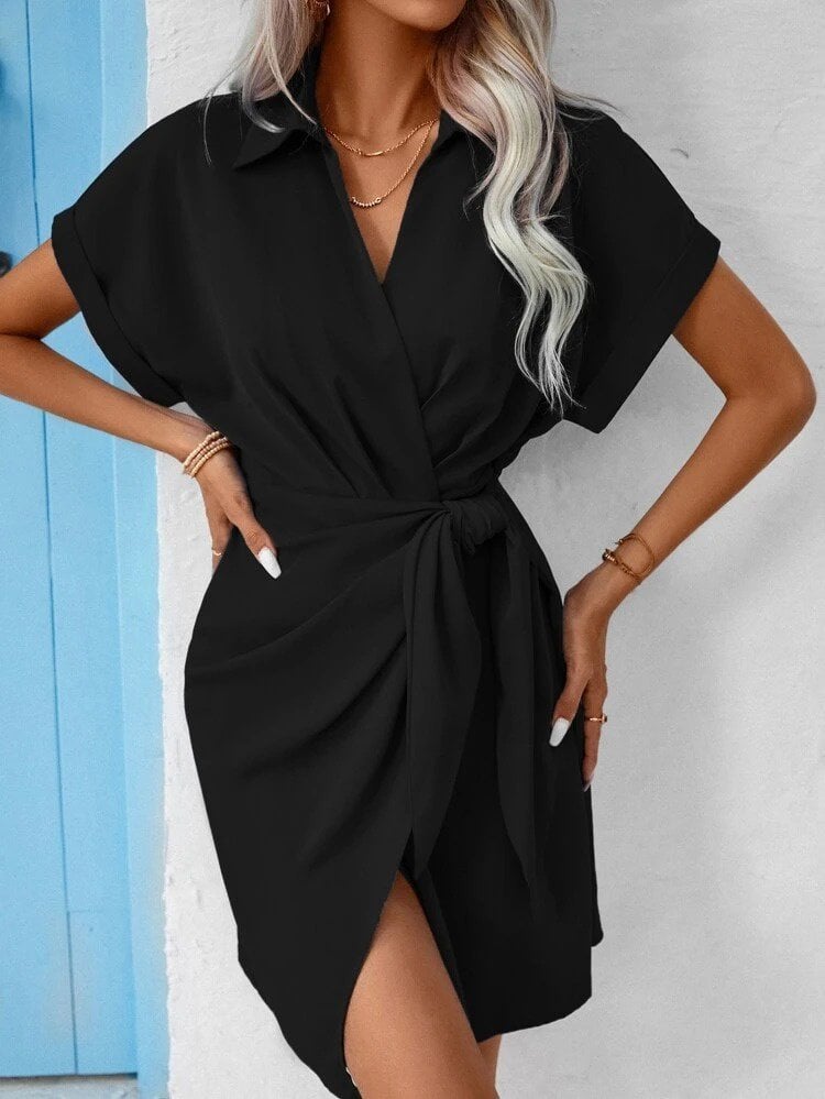 Women's Black Short-Sleeve Wrap Dress with Collar and Side Tie - Janes - by Peralane - photo 2