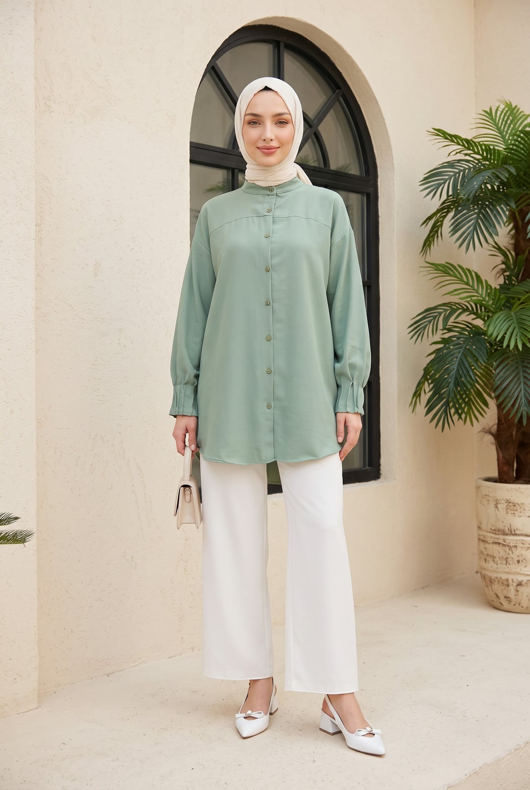 Oval Cut Shirt with Draped Sleeve Cuffs - Mint - Podyumplus - by Peralane - photo 2