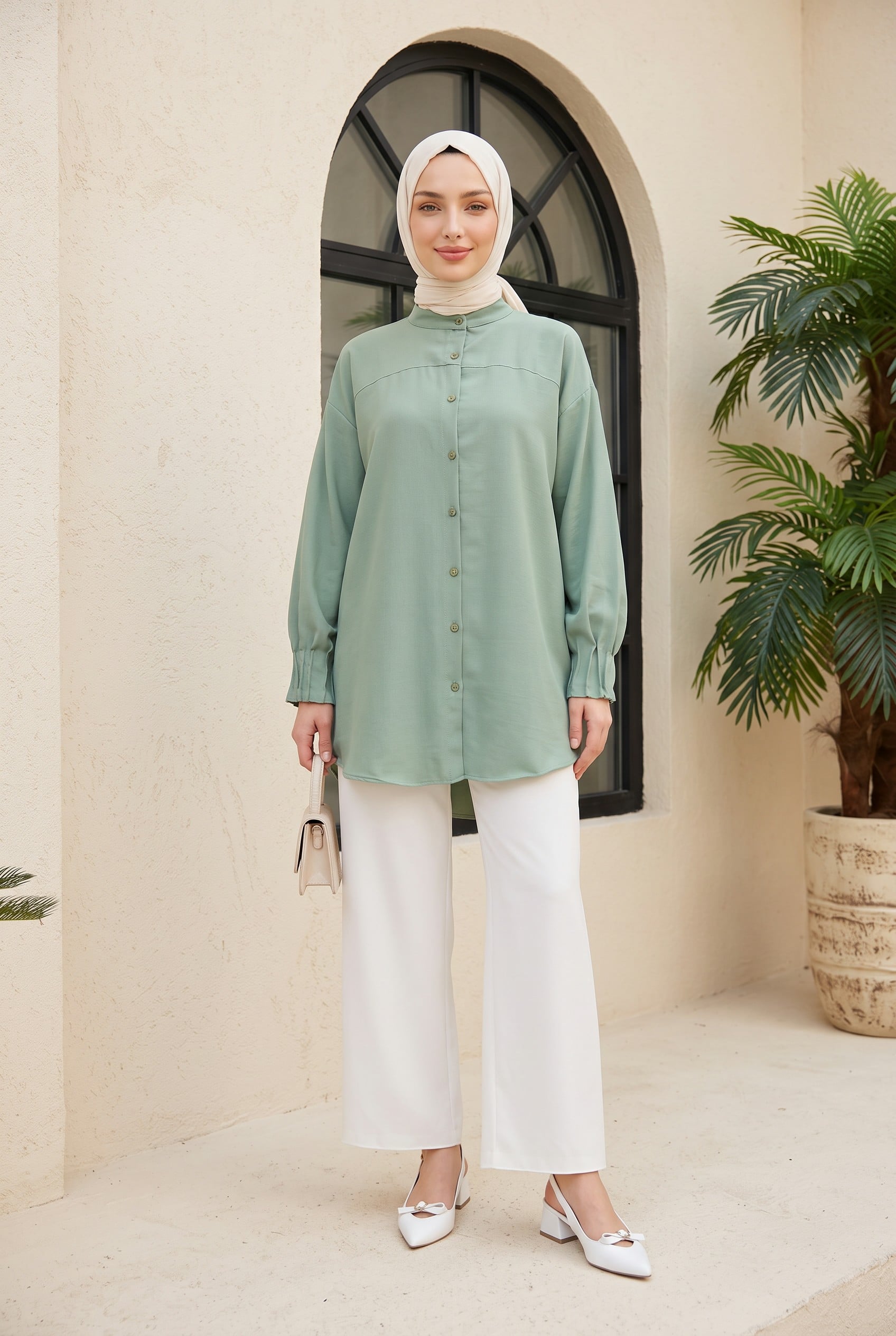 Oval Cut Shirt with Draped Sleeve Cuffs - Mint - Podyumplus - by Peralane - photo 2