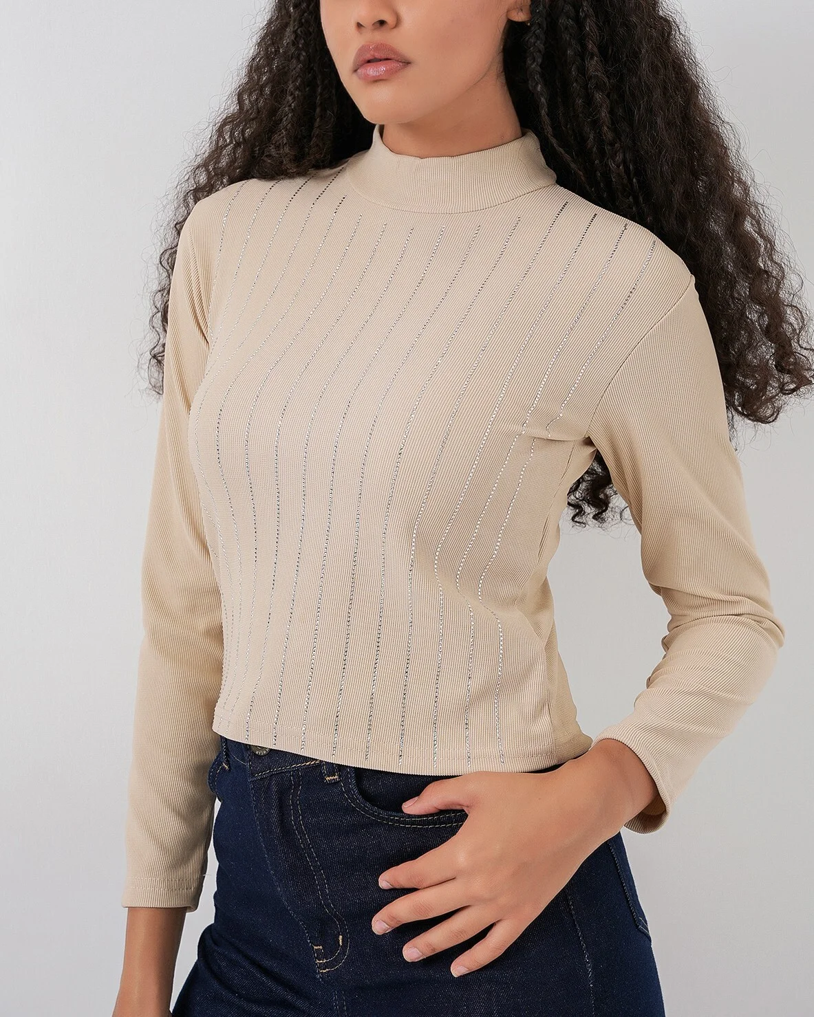 Stone-Trimmed Long-Sleeve Body Top in Beige - Bigdart - by Peralane - photo 7
