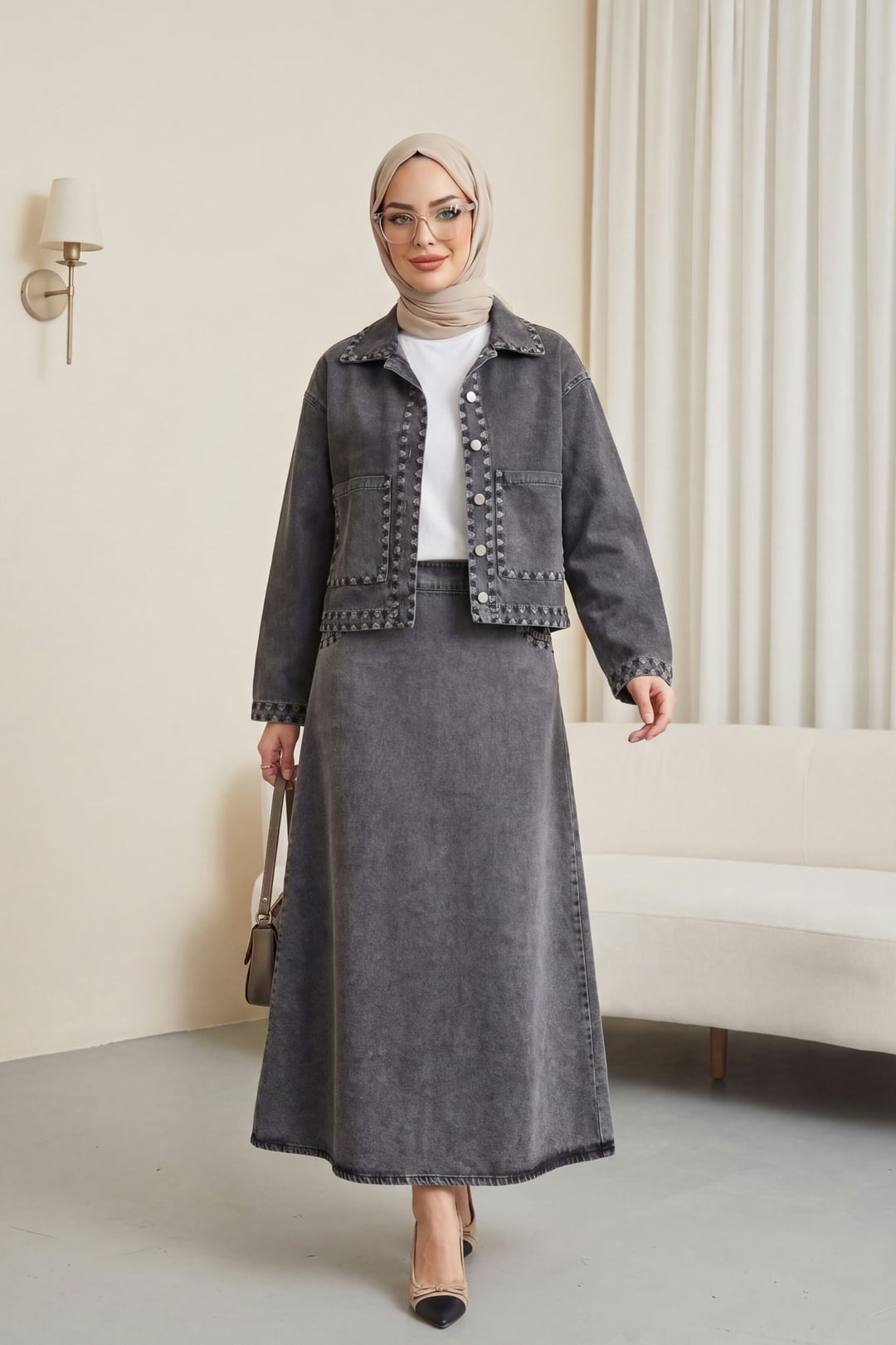 Embroidered Denim Two-Piece Jacket and Skirt Set - Dark Grey - Podyumplus - by Peralane - photo 4
