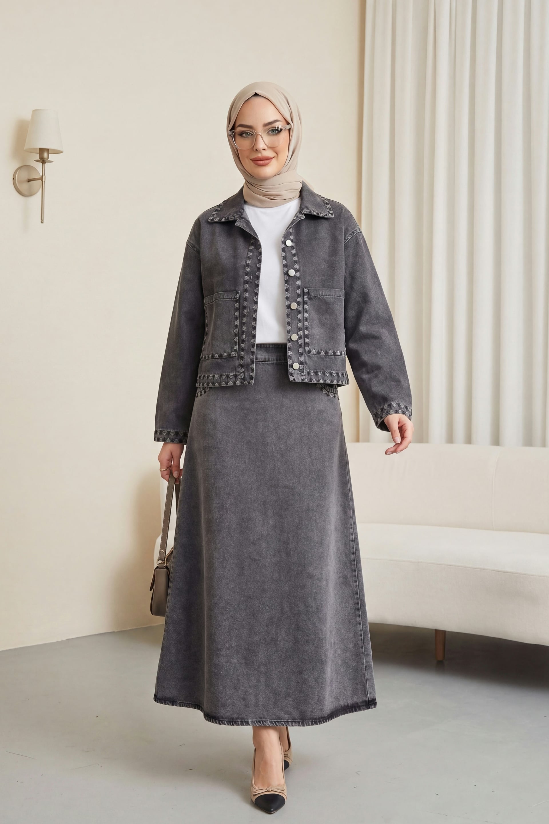 Embroidered Denim Two-Piece Jacket and Skirt Set - Dark Grey - Podyumplus - by Peralane - photo 4
