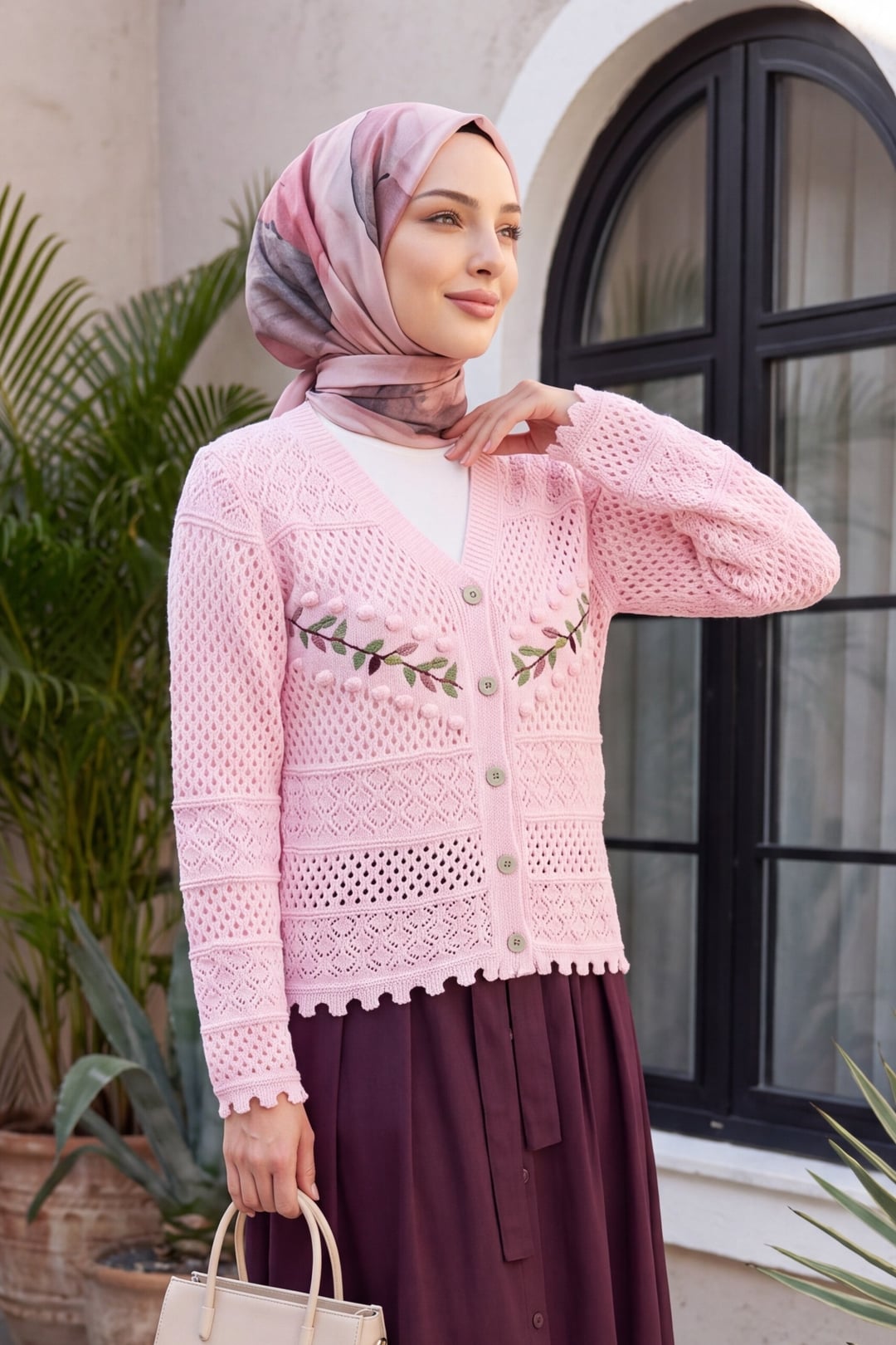 Embroidered Open-Knit Cardigan with Button Front - Pink - Podyumplus - by Peralane