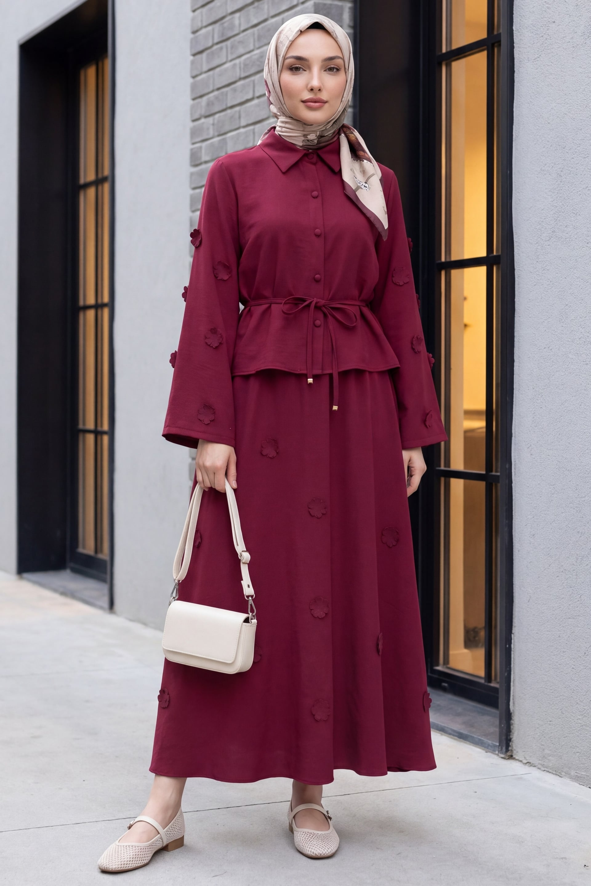 Burgundy Floral Sleeve and Hem Tie-Waist Modal Shirt and Skirt Two-Piece Set - Podyumplus - by Peralane
