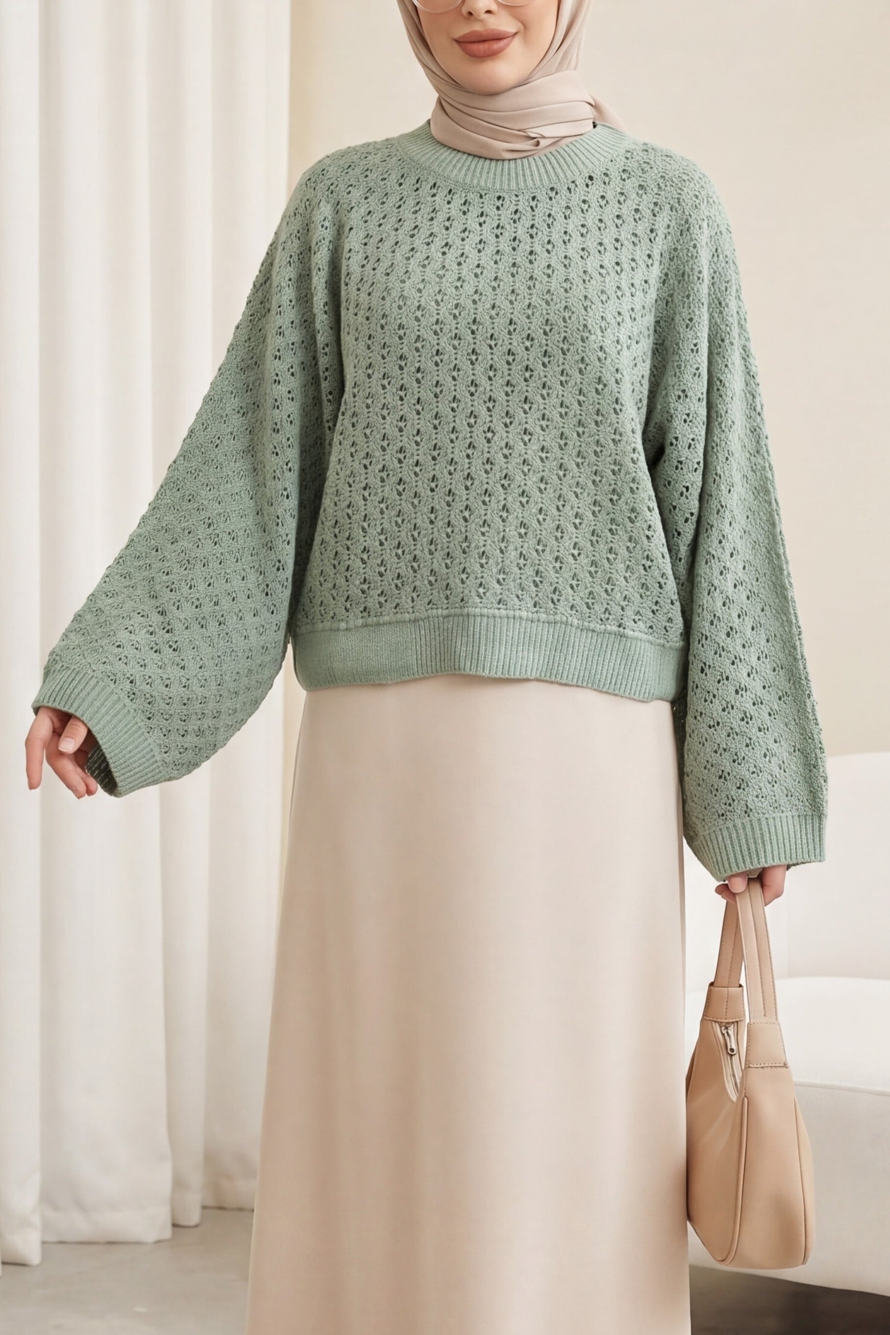 Mint Bike Neck Batwing Sleeve Lace Knit Sweater - Podyumplus - by Peralane