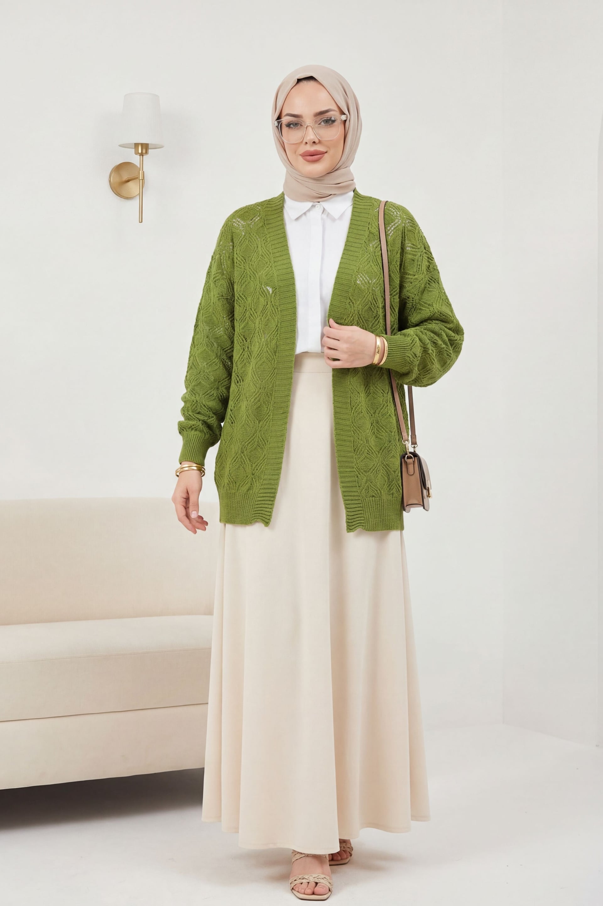 Patterned Araboy Knitted Cardigan - Khaki - Podyumplus - by Peralane - photo 3