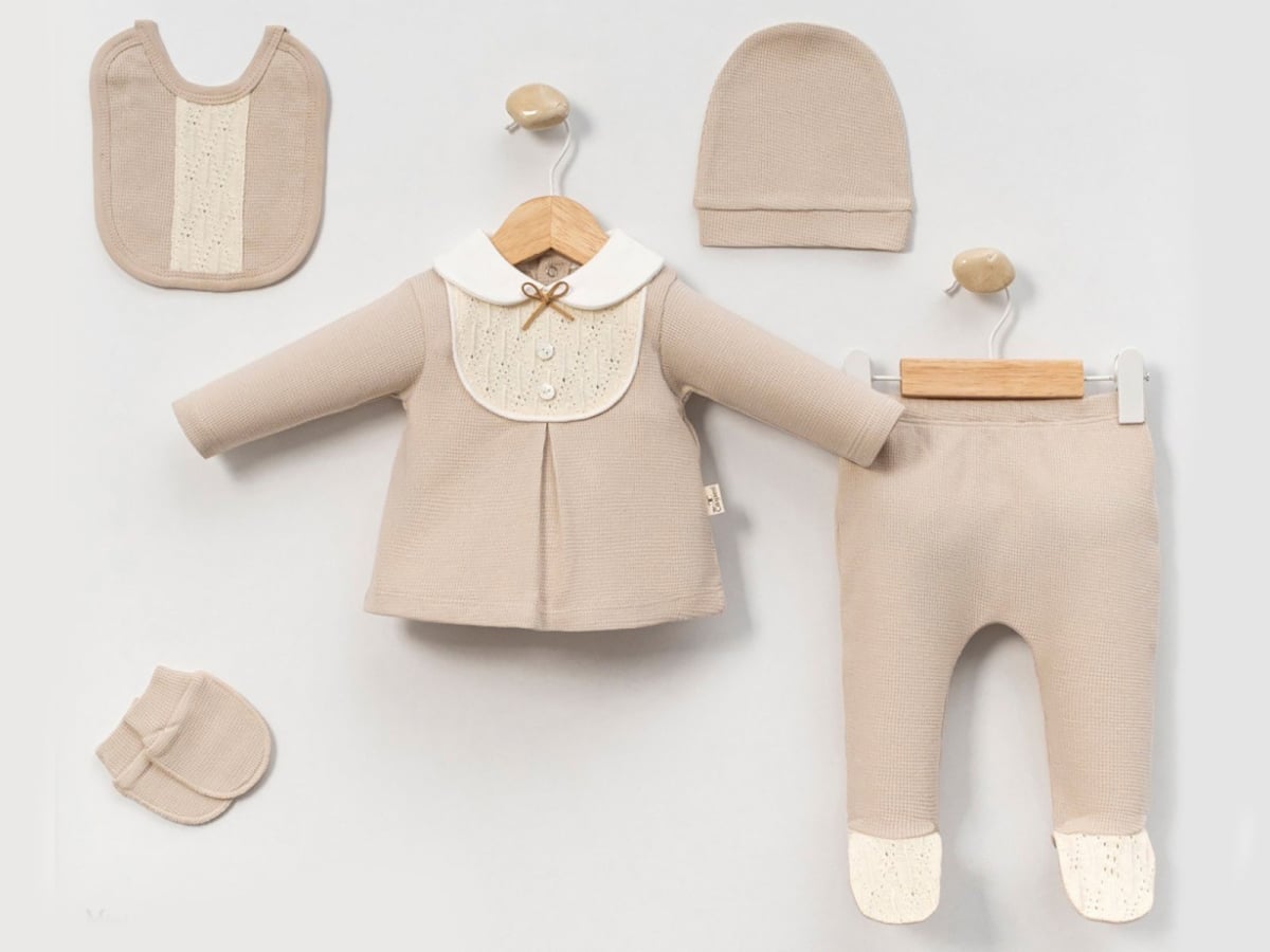 Button Detail 5-Piece Newborn Baby Boy Bodysuit Set in Brown - Cayzen - by Peralane