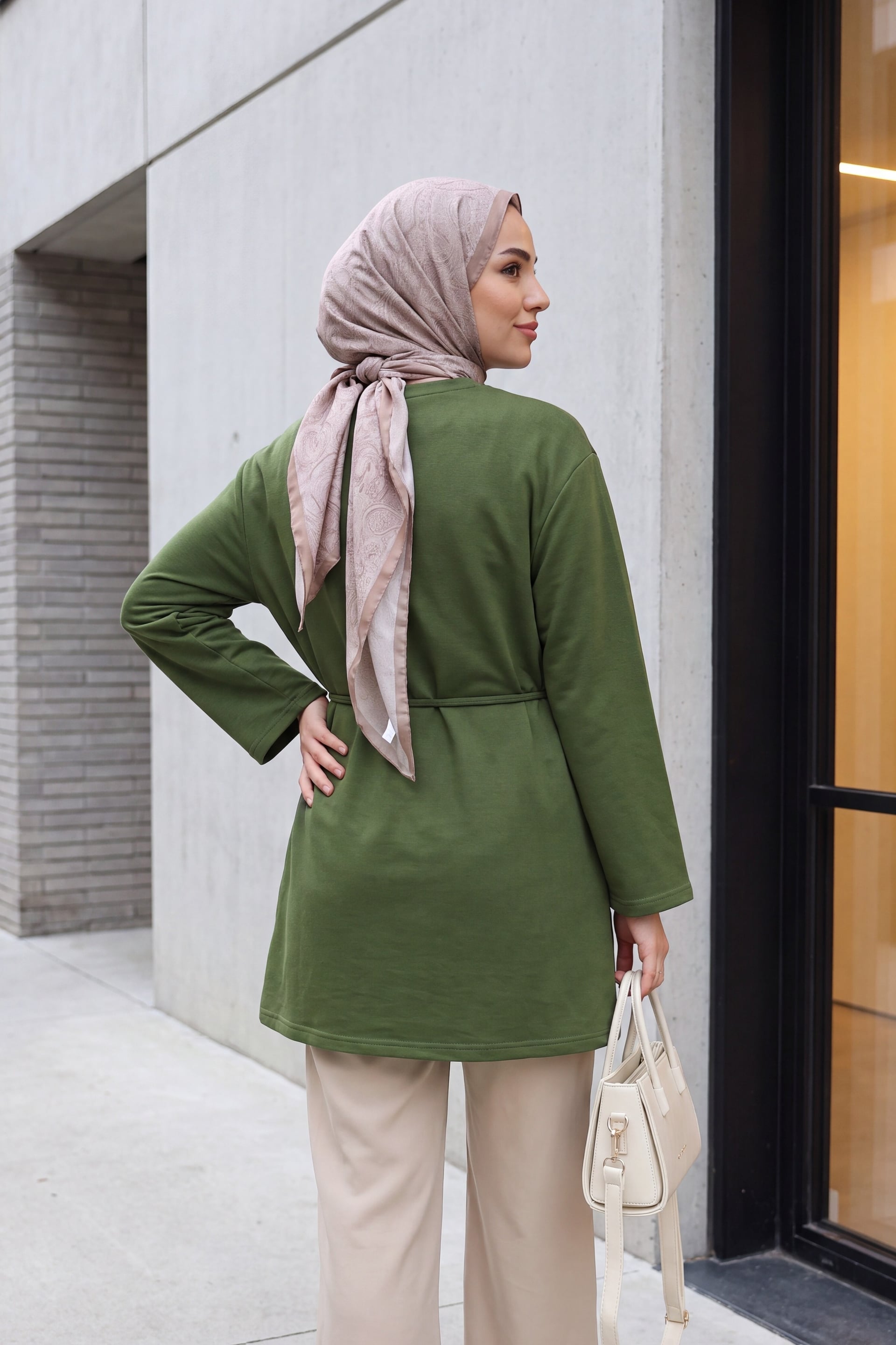 Round Neck Drawstring Waist Jersey Tunic - Olive Green - Podyumplus - by Peralane - photo 4