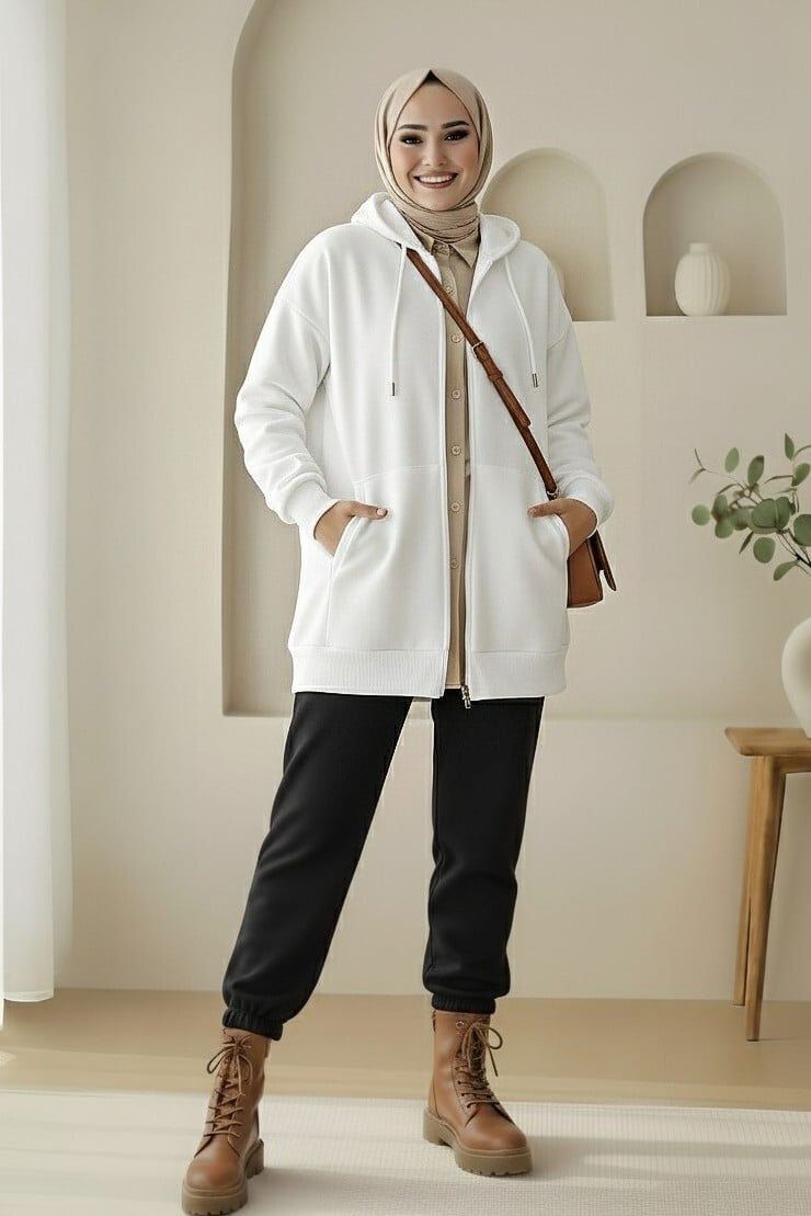 Women's Zip-Up Hooded Sweatshirt with Pockets - White - Podyumplus - by Peralane - photo 2