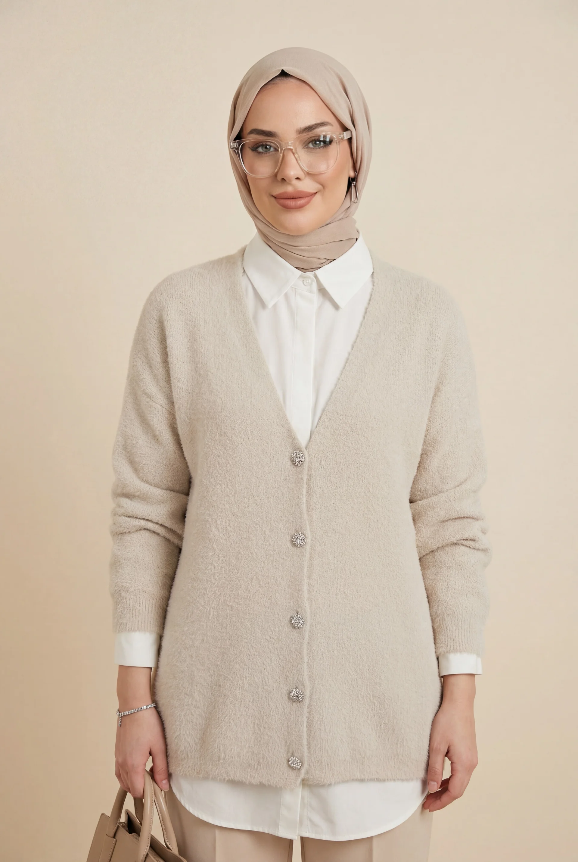 Fringed Textured Cardigan with Button Front - Stone - Podyumplus - by Peralane - photo 3